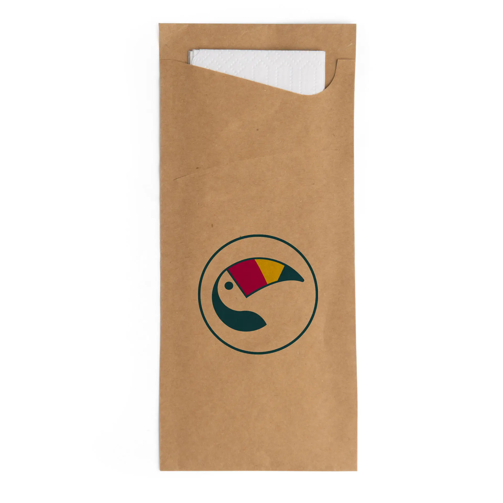 Brown kraft paper cutlery sleeve featuring a colorful bird logo, with a white napkin partially visible inside.