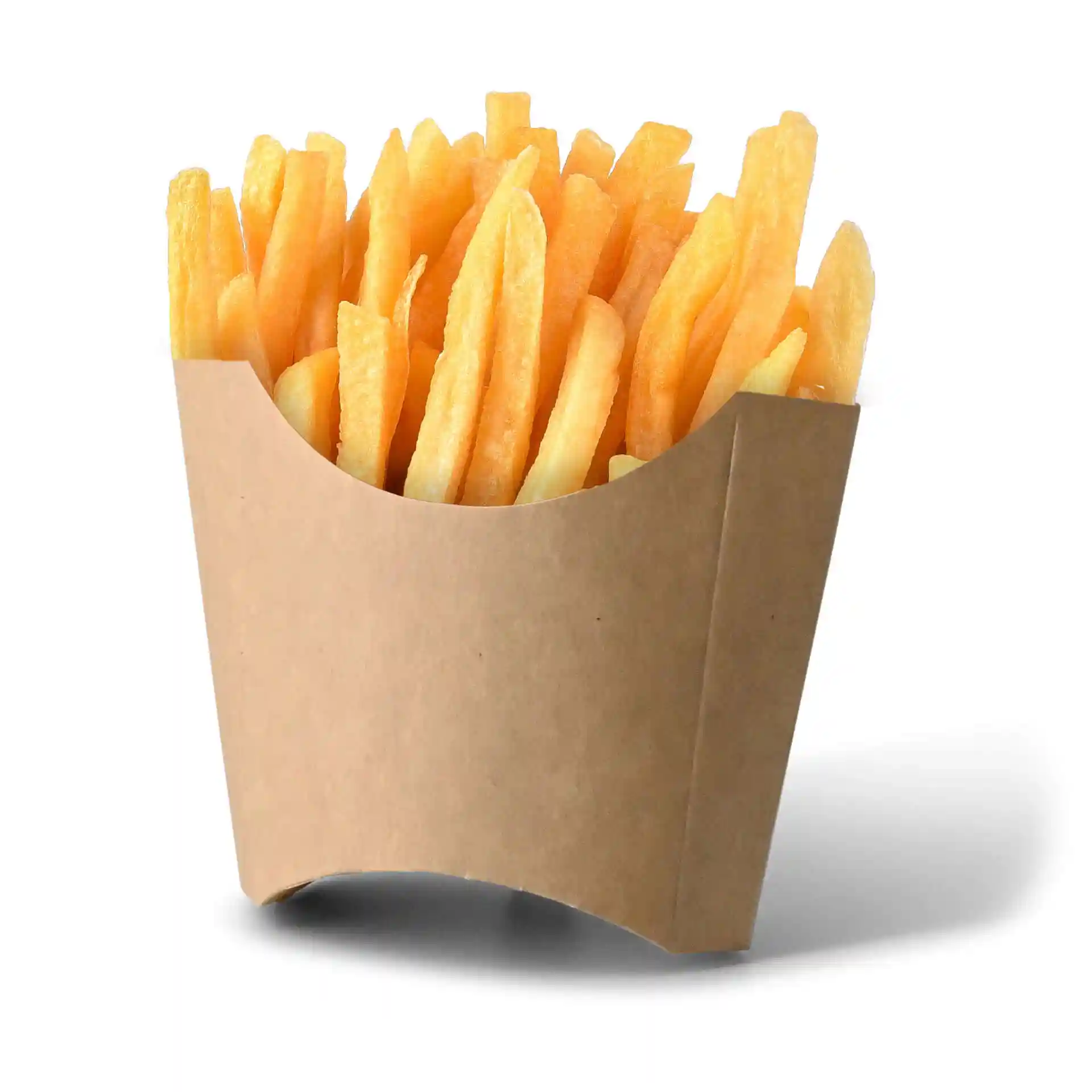 Brauner Kartonbehälter gefüllt mit goldenen Pommes Frites, 8,5 x 5 x 9,5 cm groß.