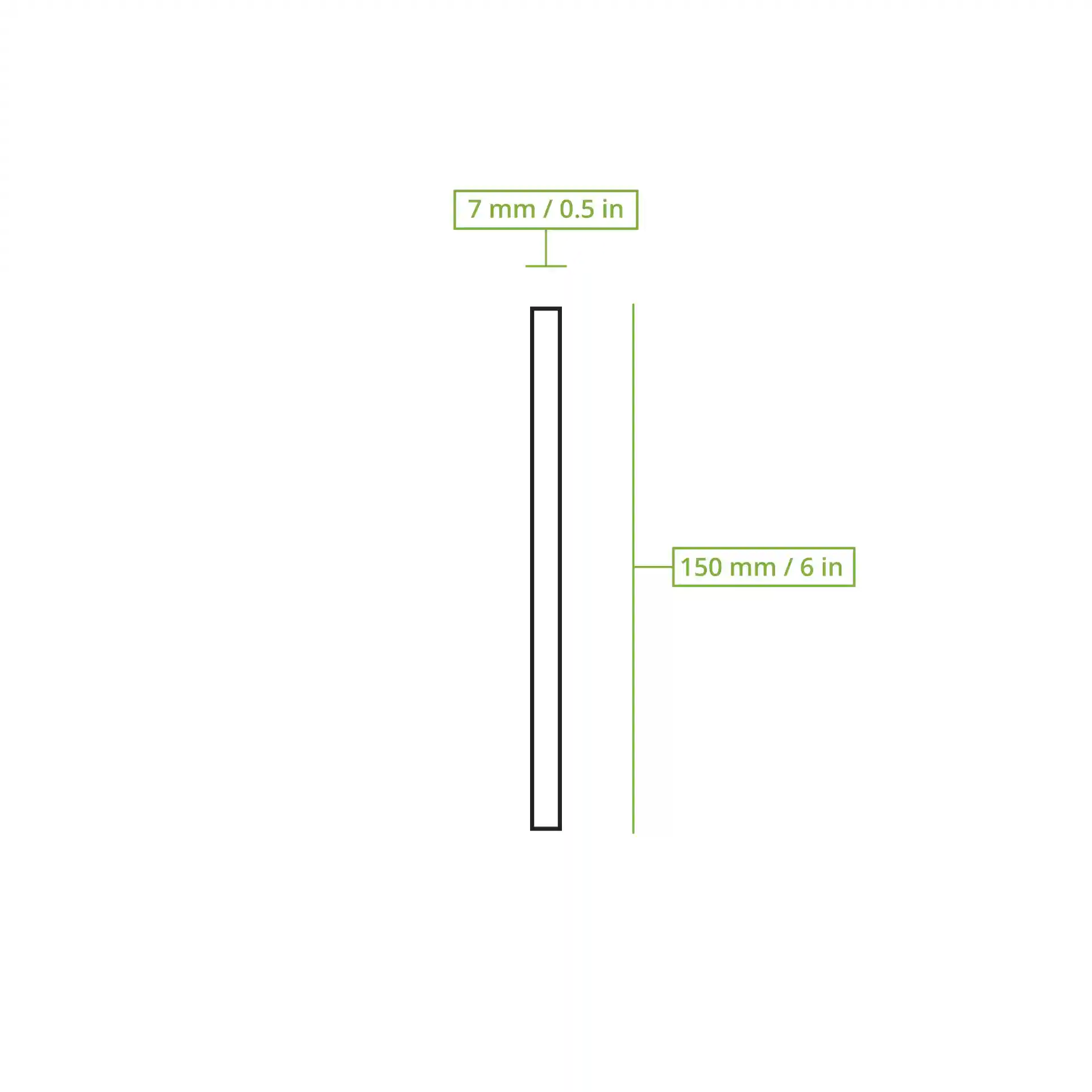 Schematic drawing of a black cocktail straw with dimensions of 150 mm length and 7 mm diameter.
