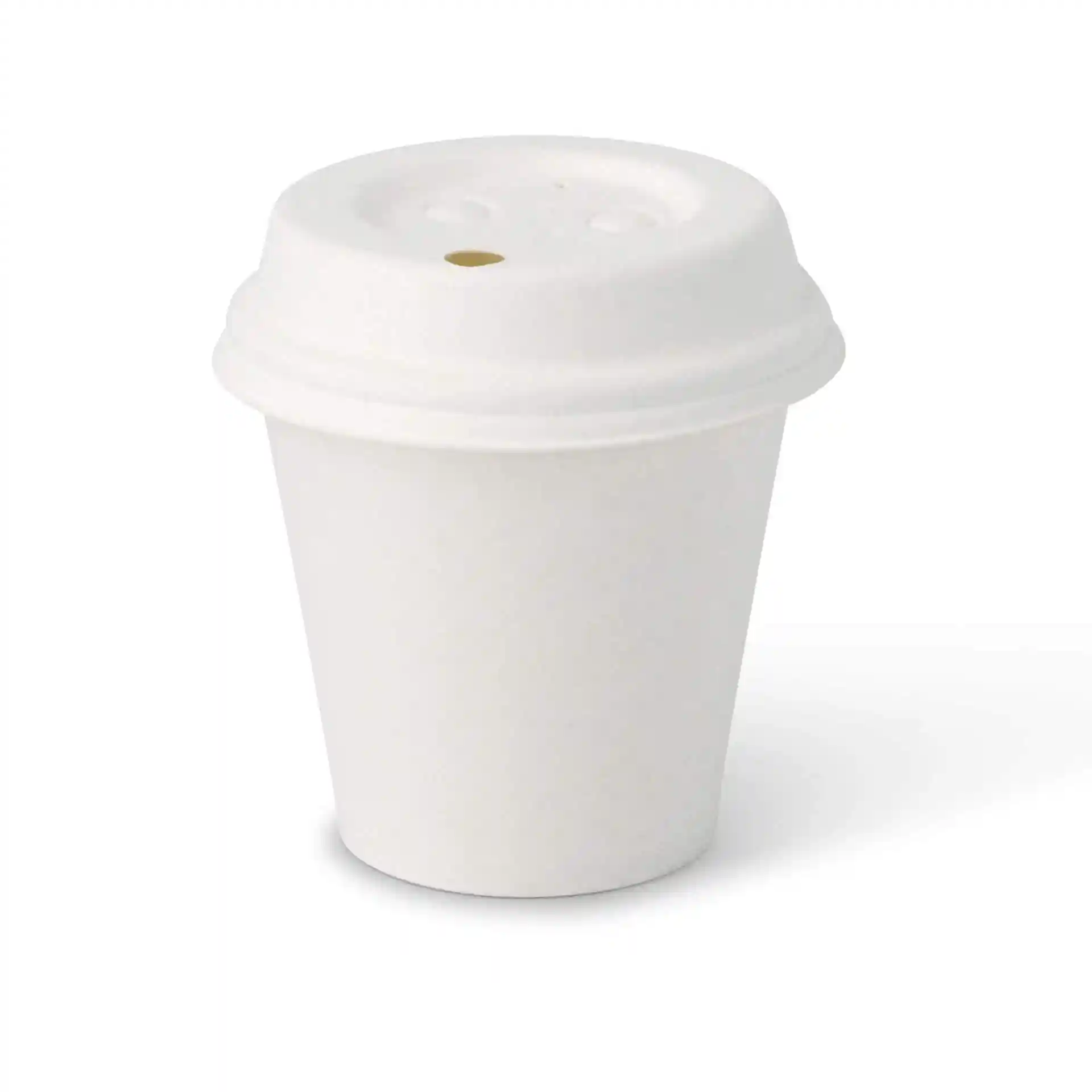 White 6 oz paper cup with a round shape and a coated surface, featuring a lid with three holes for sipping.