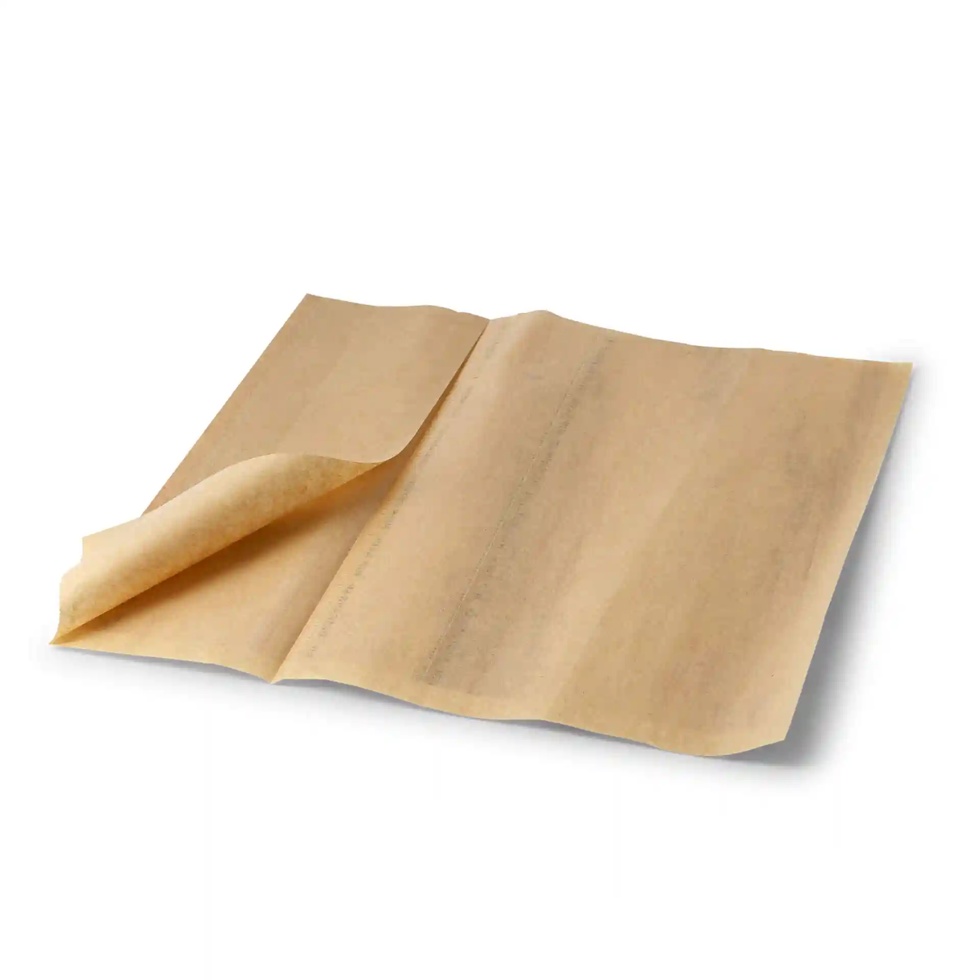 Braune Kraftpapier-Burritotüte, vorgefaltet, 19,5 x 30 cm, teilweise geöffnet, um das Innere zu zeigen.