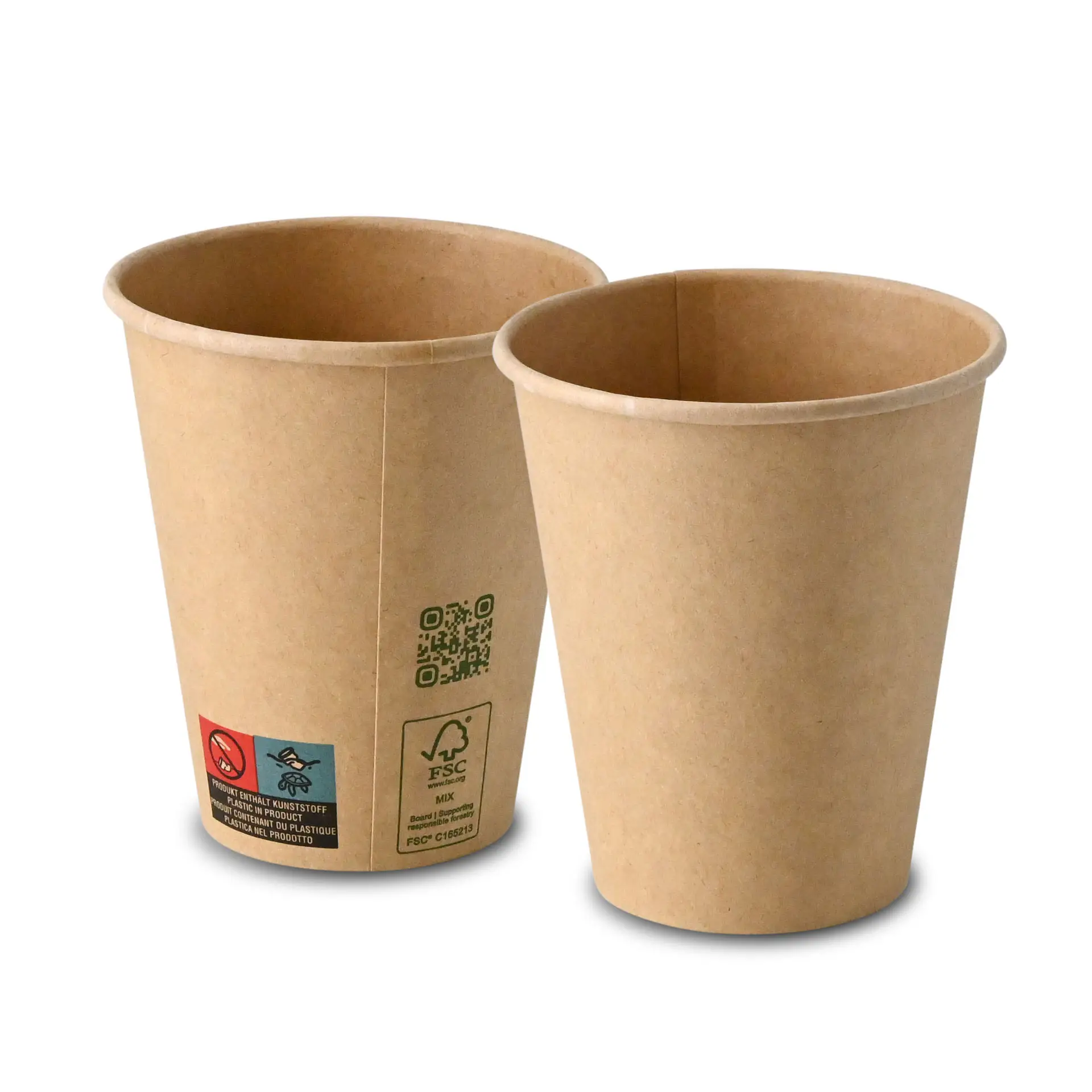 Braune Becher aus Papier mit einfacher Wand, 250 ml Fassungsvermögen, 100 mm Höhe und 90 mm Durchmesser.