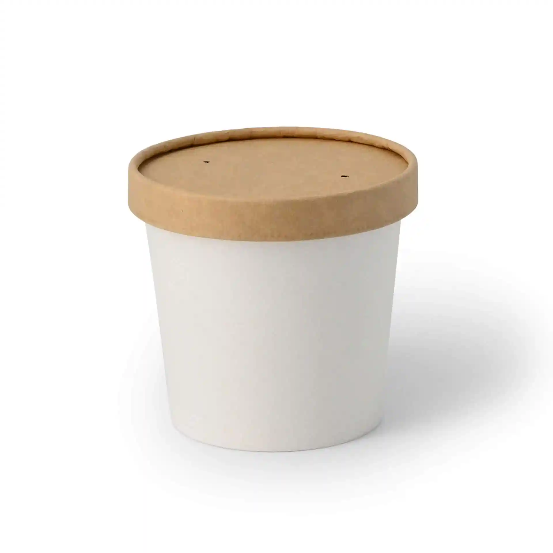 White paper ice cream tub with a round shape and a brown paper lid, measuring 92 mm in diameter and 82 mm in height.