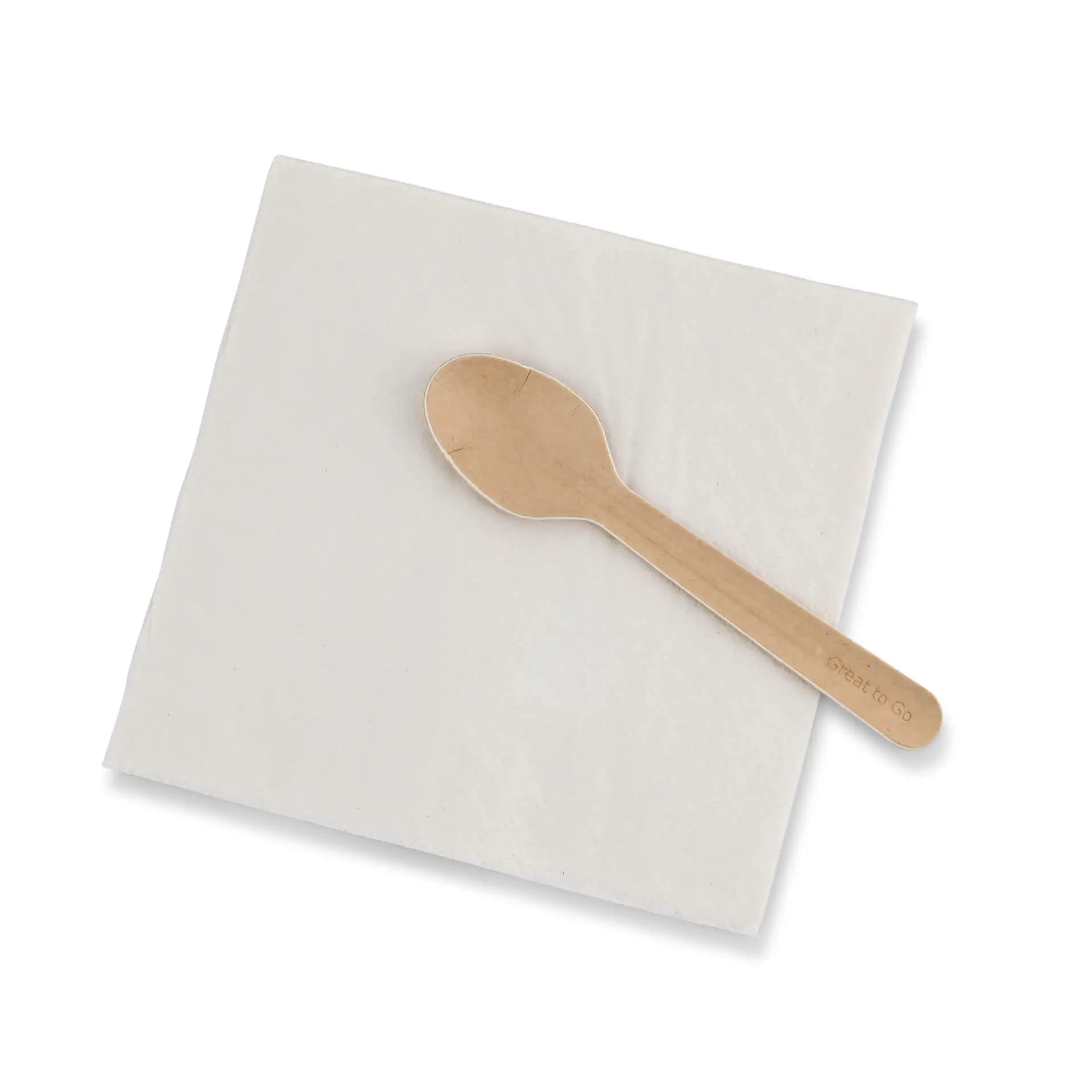 Brown paper spoon on a white napkin with a recycling symbol and text, showing dimensions and material details.