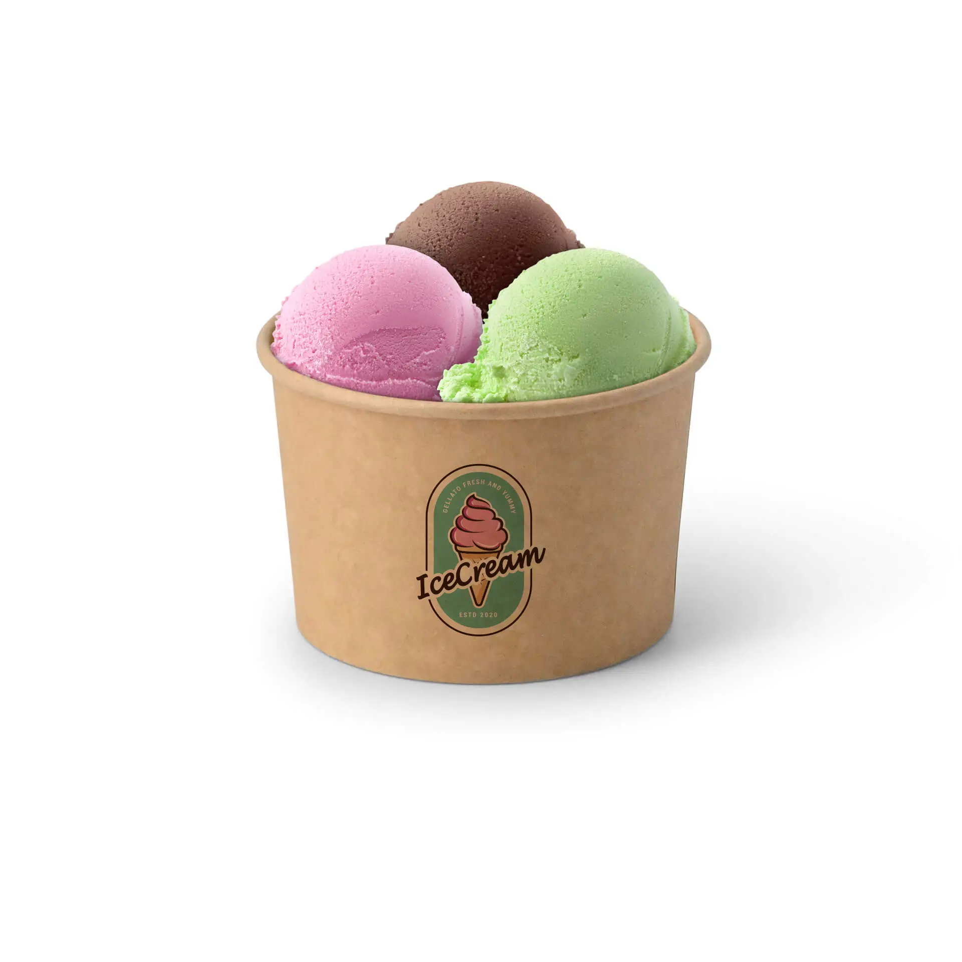 Cup with three scoops of ice cream: pink, green, and brown, in a brown printed ice cream cup with a logo.