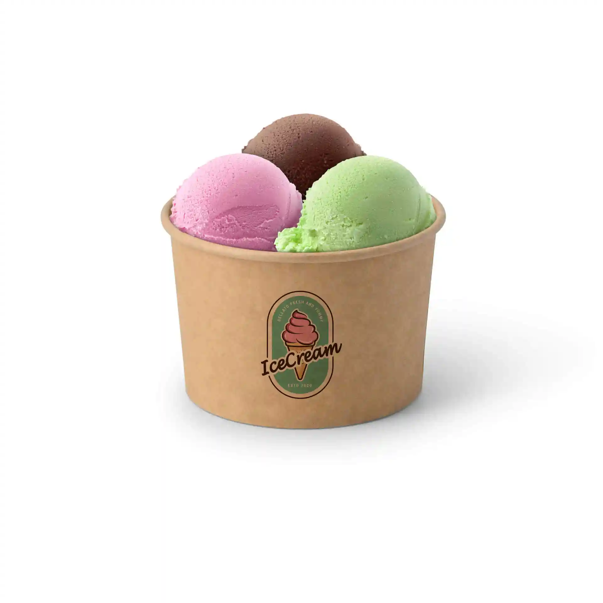 Runder brauner Pappbecher mit drei Kugeln Eis: pink, grün und braun.