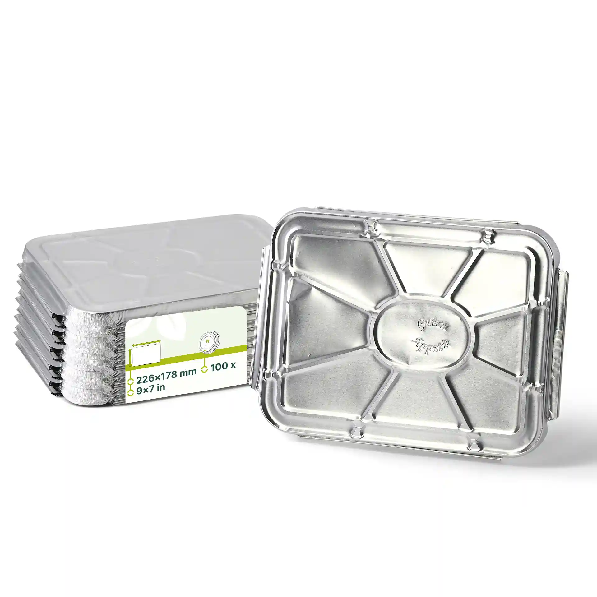Stack of aluminum lids for 2-compartment meal trays, rectangular shape, with one lid shown on top.