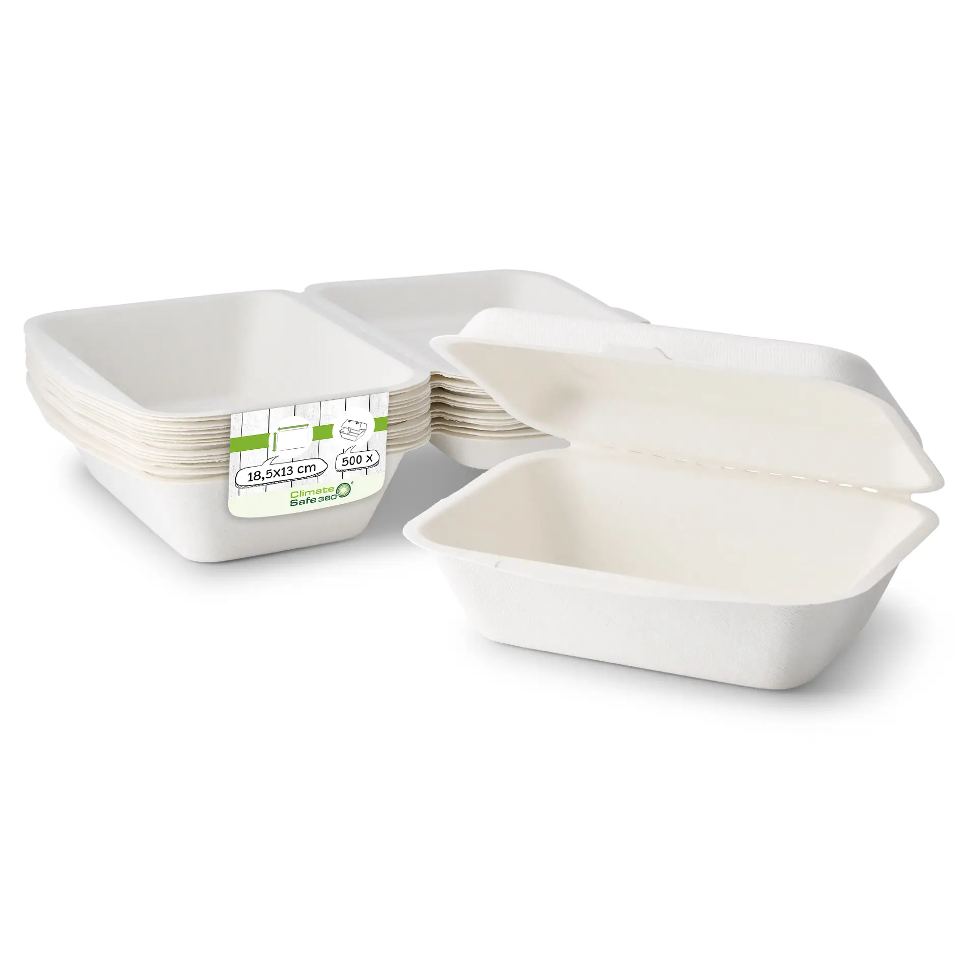 Sugarcane food containers 18.5 x 13 x 6.5 cm, hinged-lid, rectangular