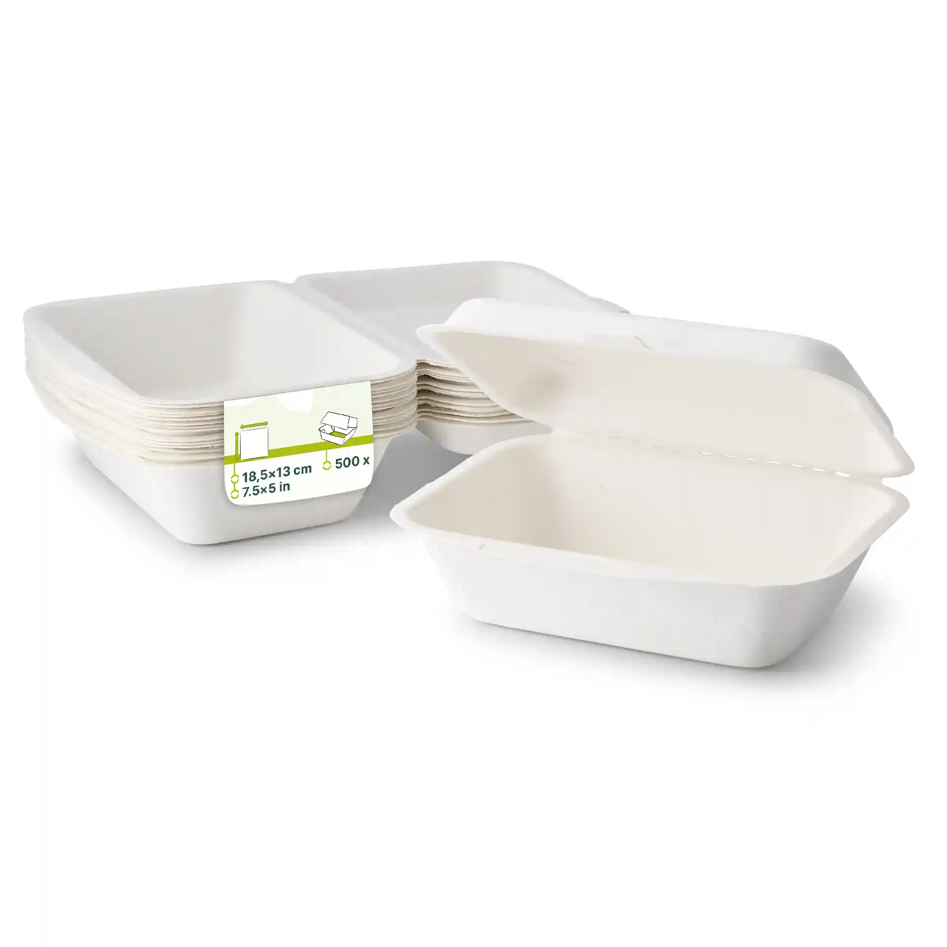 Rectangular white sugarcane food containers with hinged lids, showing several stacked and one open.