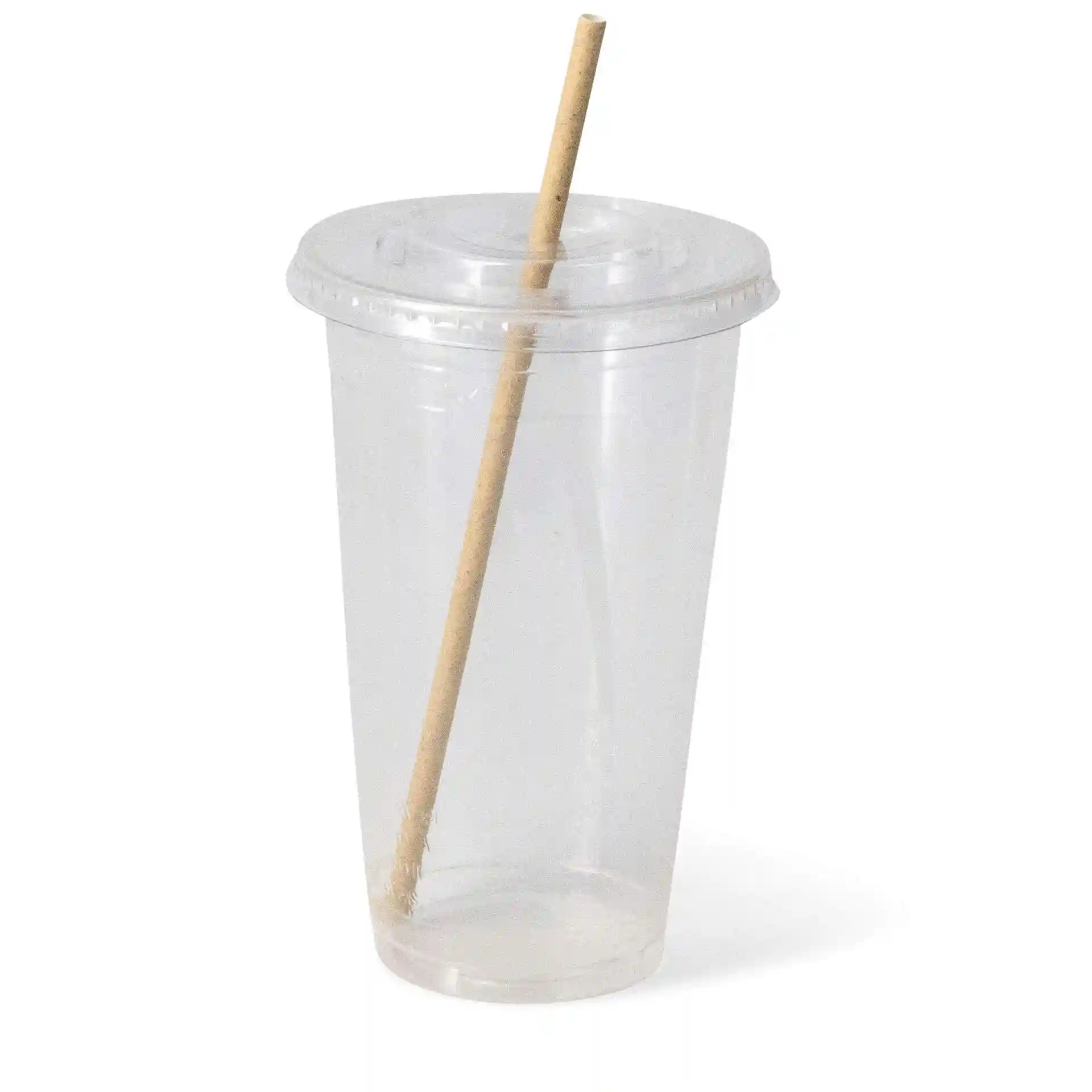 Transparenter 20 oz Plastikbecher mit Deckel und braunem Papierstrohhalm, auf einem weißen Hintergrund aufrecht stehend.