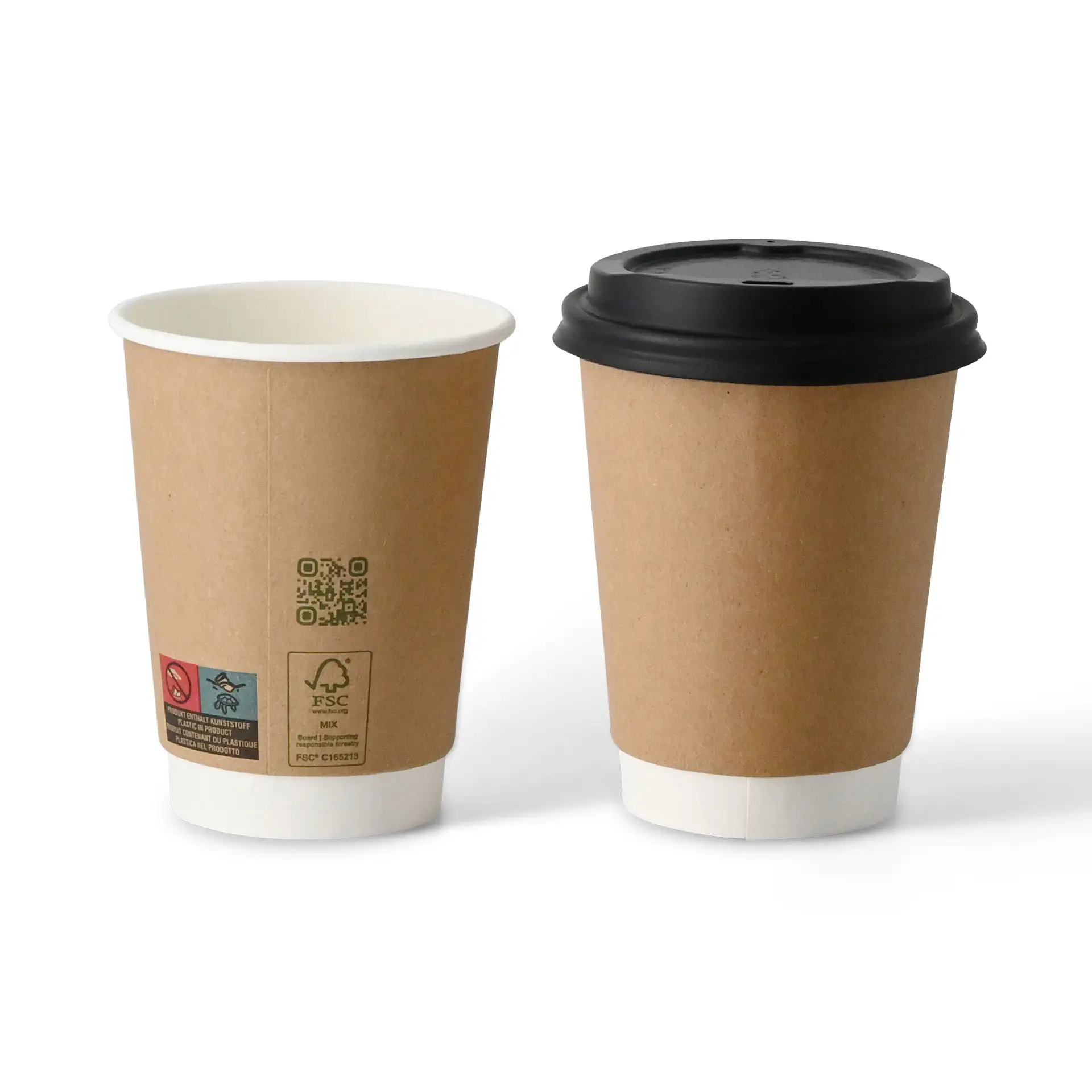 Image of two coffee cups: one brown double-wall cup with a white interior and one brown cup with a black lid.