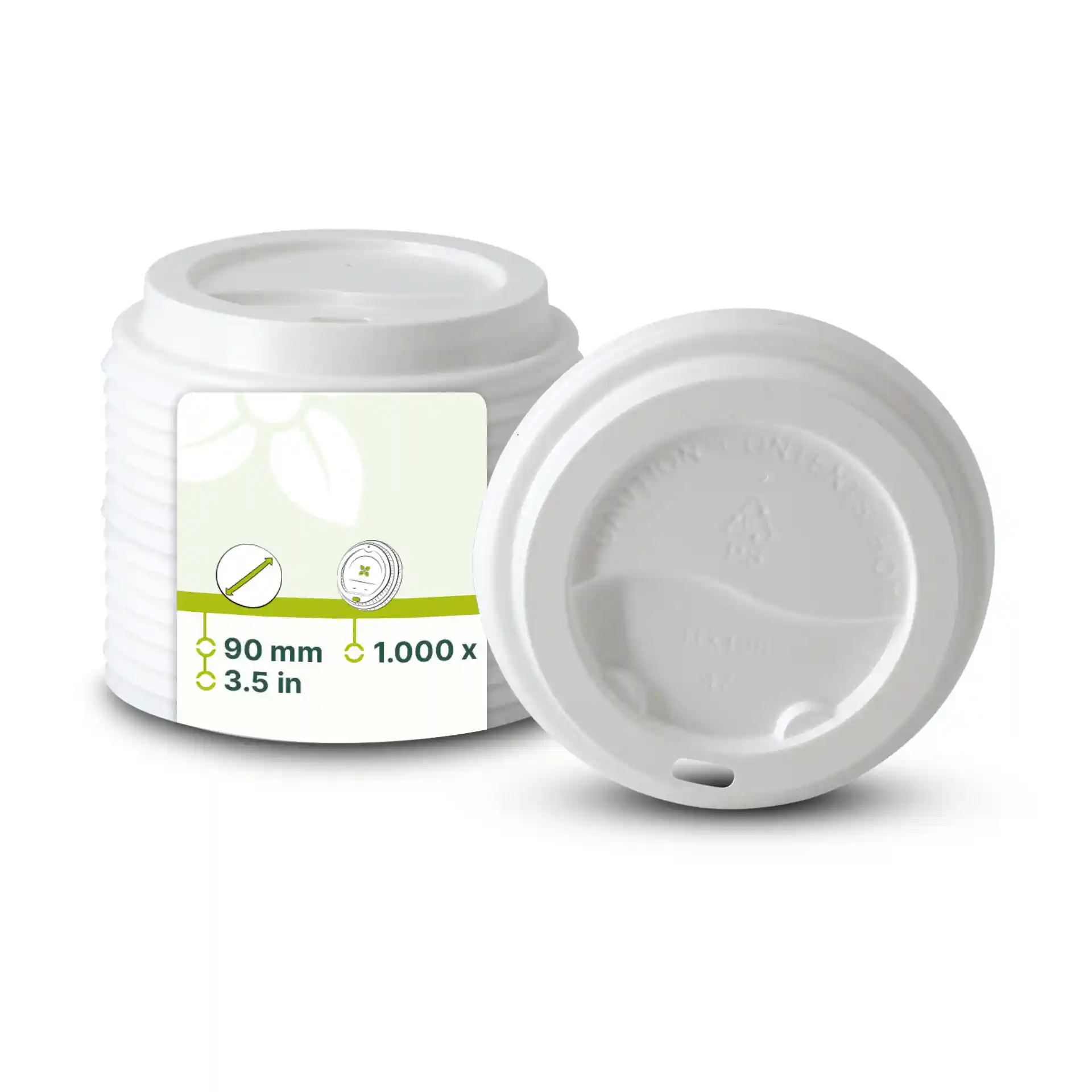 White round PS lid with a diameter of 90 mm and a drinking hole, shown with a label and another lid beside it.