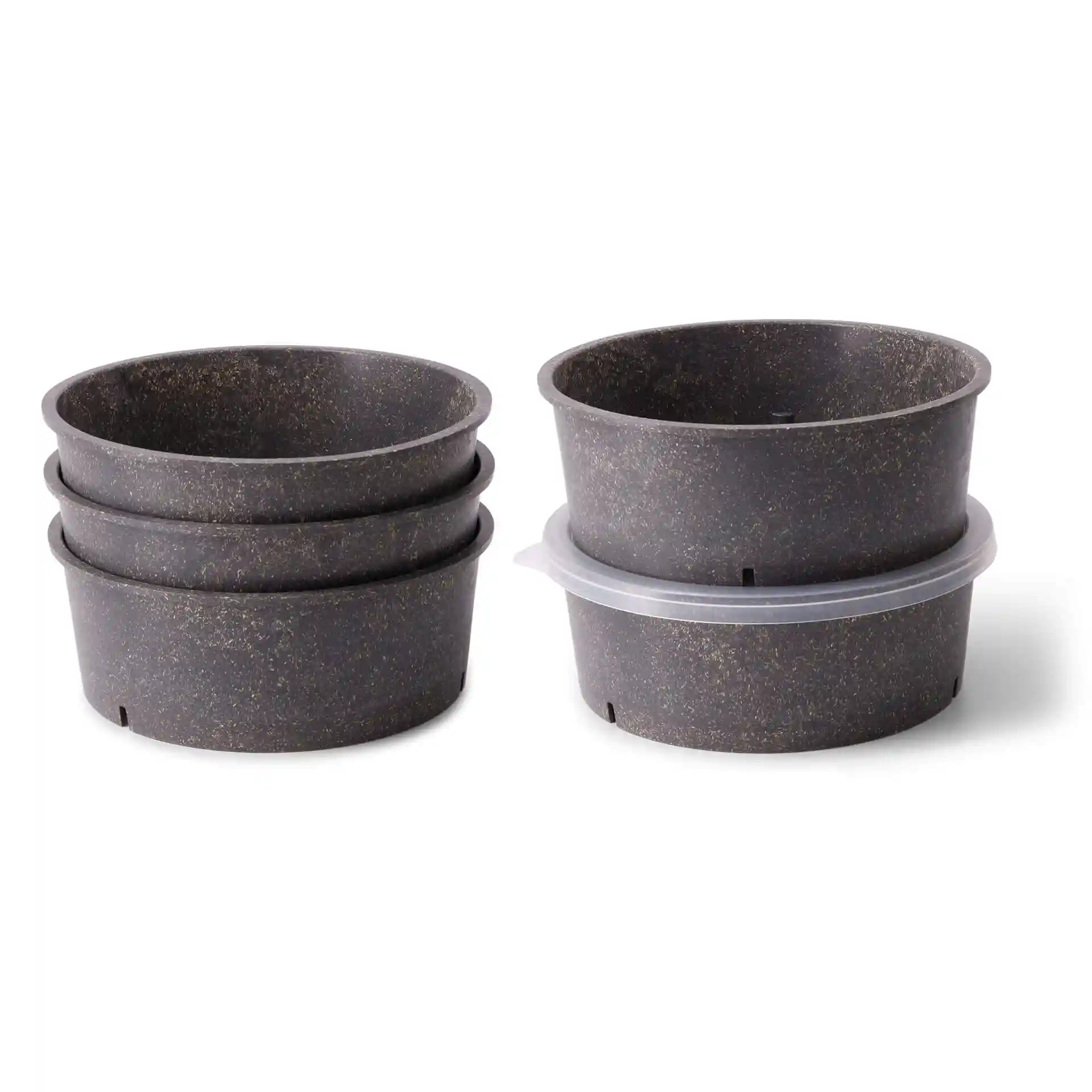 Set aus vier grauen wiederverwendbaren Schalen mit einem Durchmesser von 185 mm, gestapelt mit einer Schale oben.