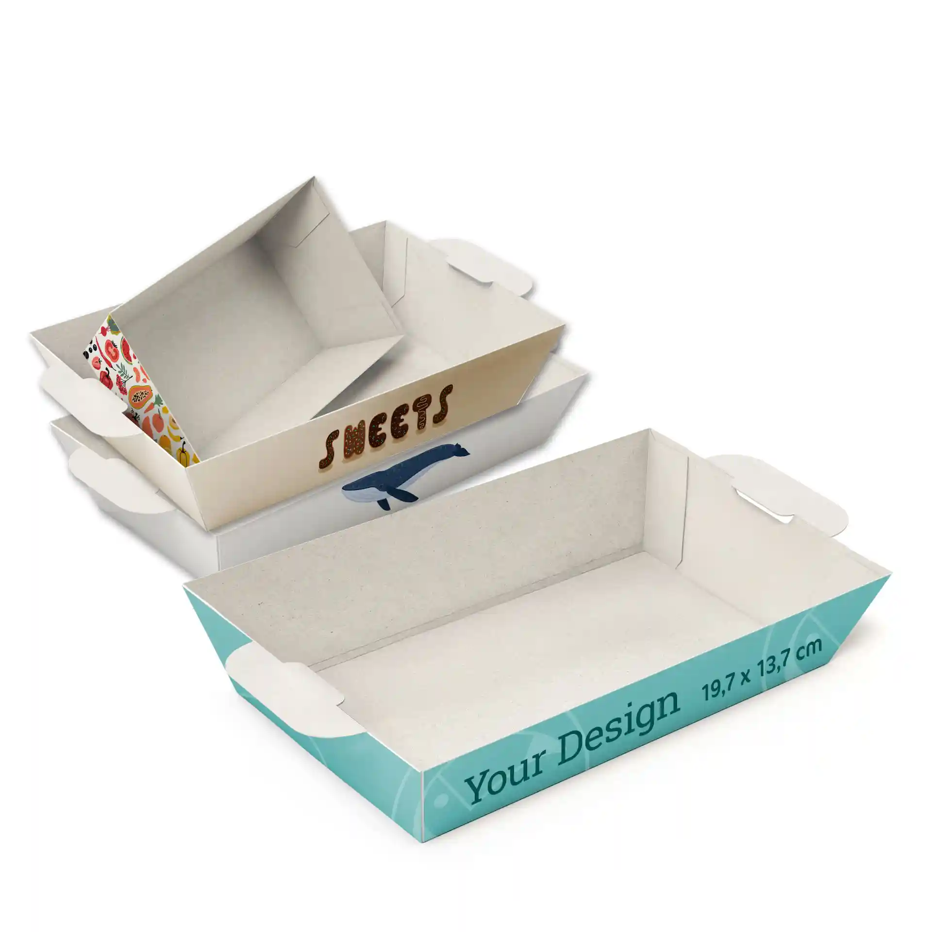 Rectangular white snack trays with various designs, measuring 19.7 x 13.7 cm, stacked with one partially visible.