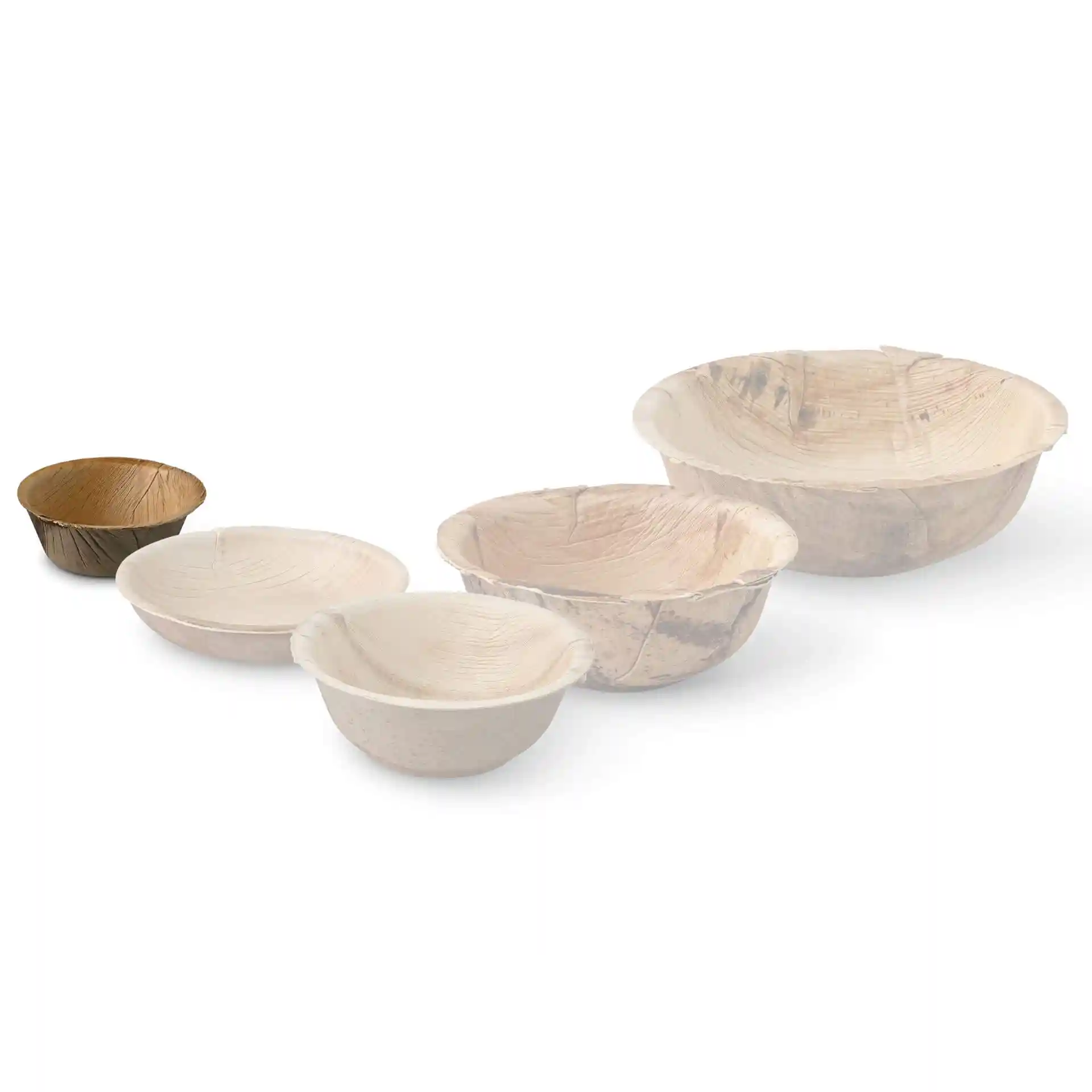 Set of five round palm leaf bowls in varying sizes, displaying natural grain patterns.
