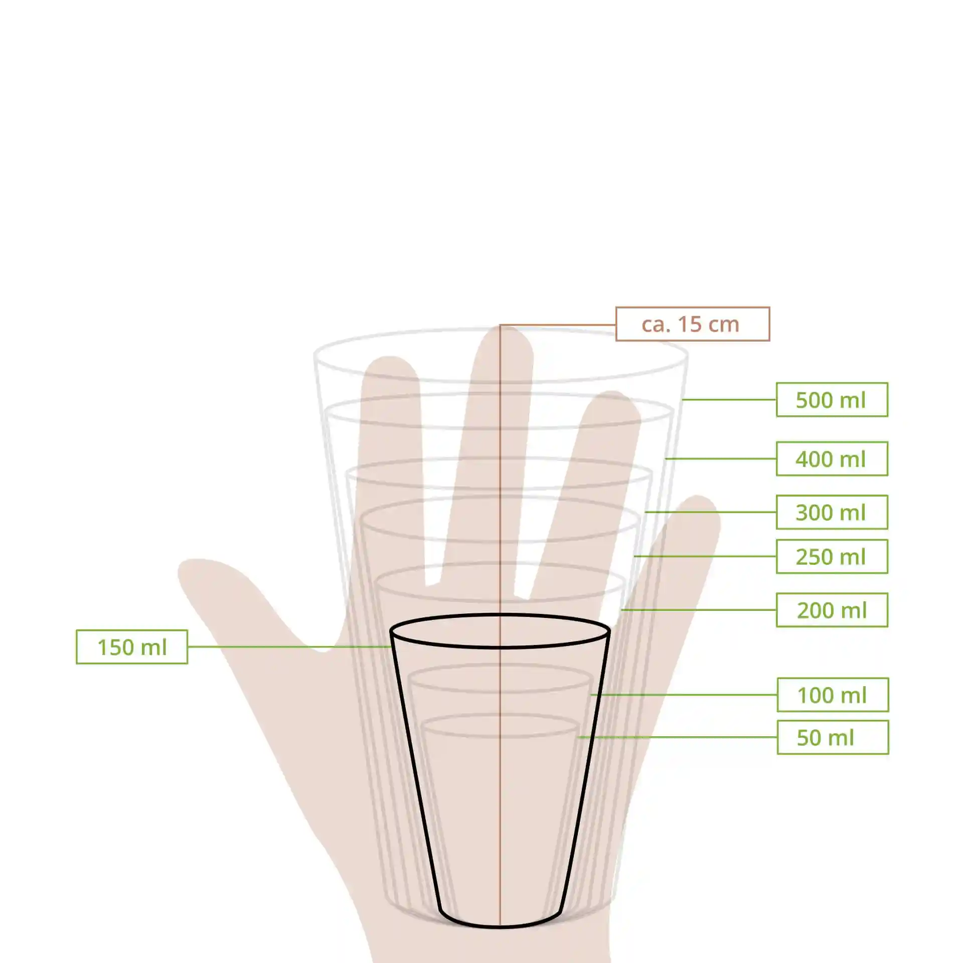 Schematic drawing of a cup with measurement lines indicating various volumes from 50 ml to 500 ml and height of approximately 15 cm.