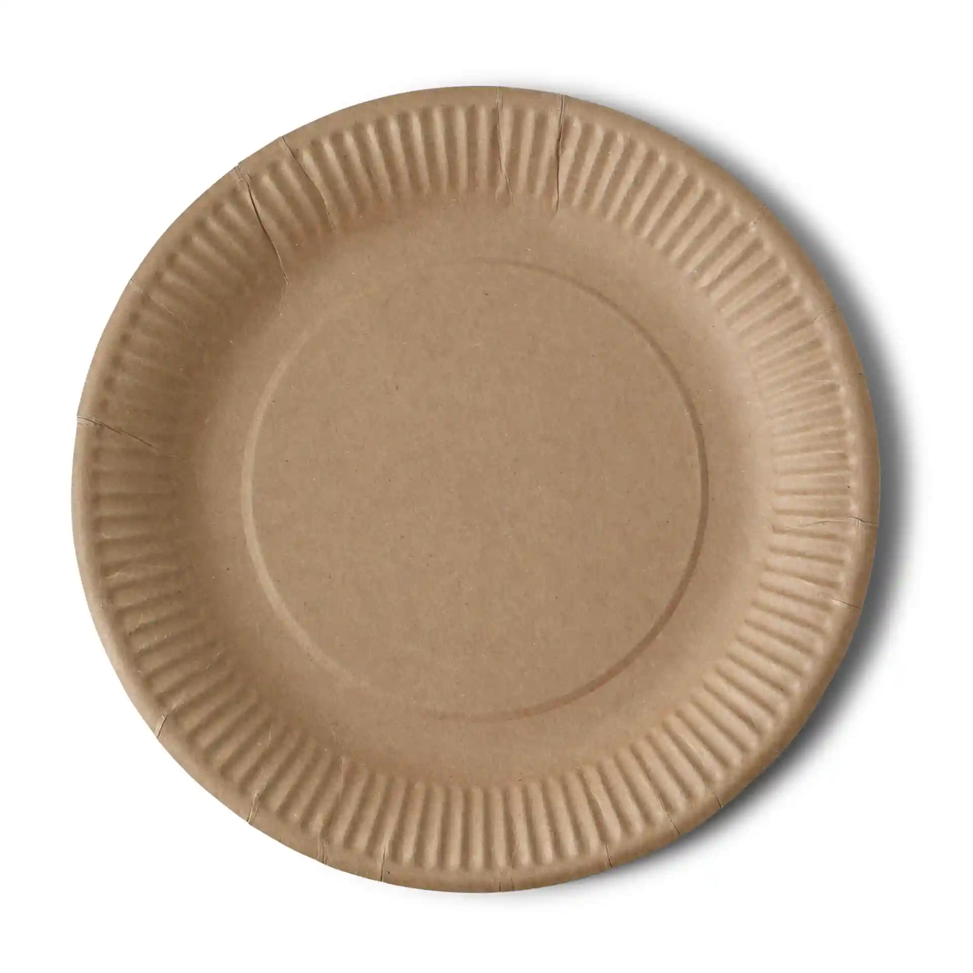 Brown paper plate, round shape, 23 cm diameter, shallow design, made of paperboard.