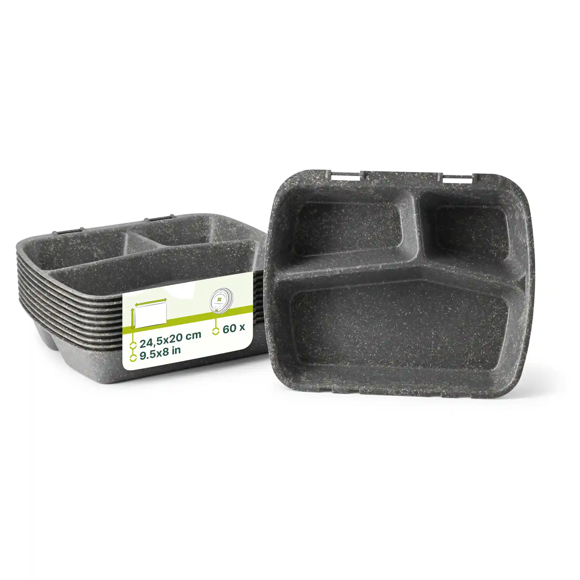Reusable grey meal container with three compartments, measuring 24.5 x 20 cm, shown with a label.