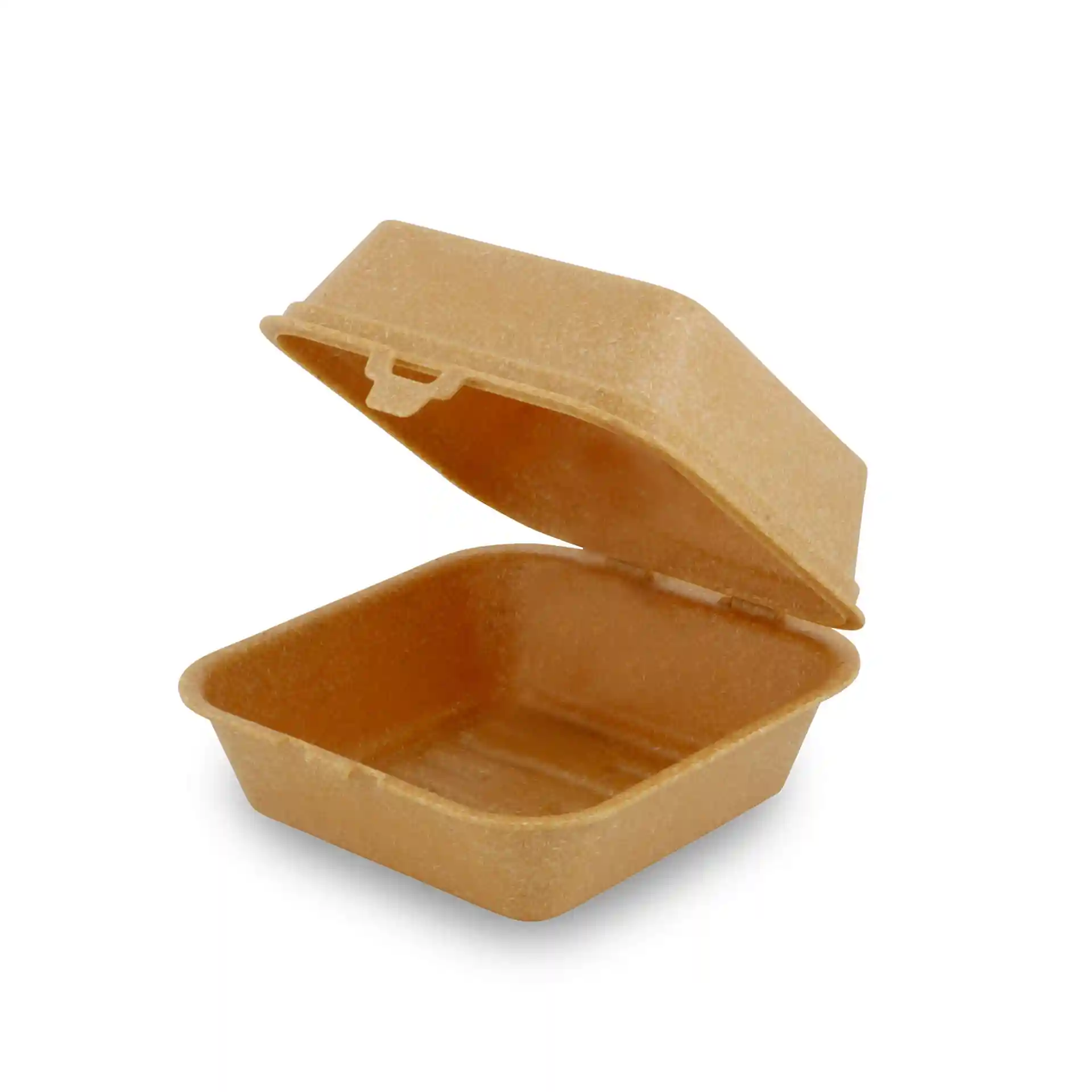Braune wiederverwendbare Burgerbox mit offenem Deckel, 16 x 15 x 8,5 cm, aus biologischem Verbundmaterial.