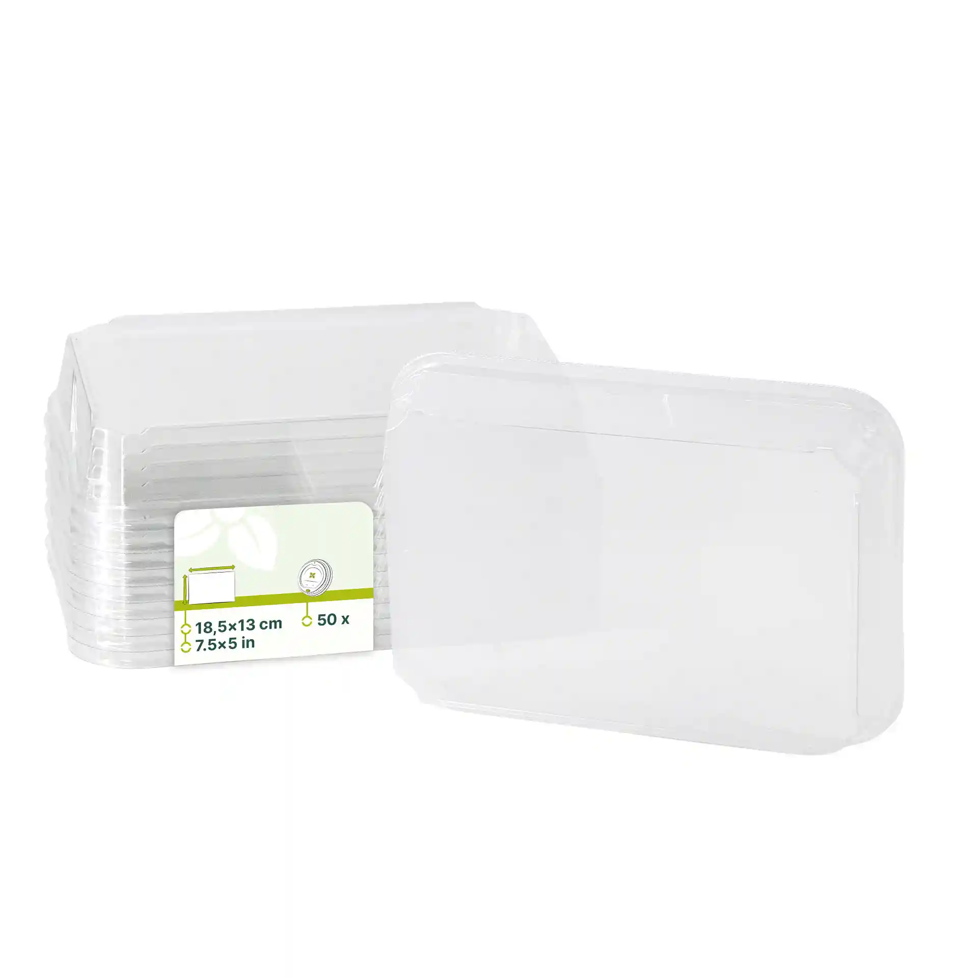 Transparente PET-Deckel für Sushi-Boxen, 18,5 x 13 cm, gestapelt mit sichtbarem Etikett.