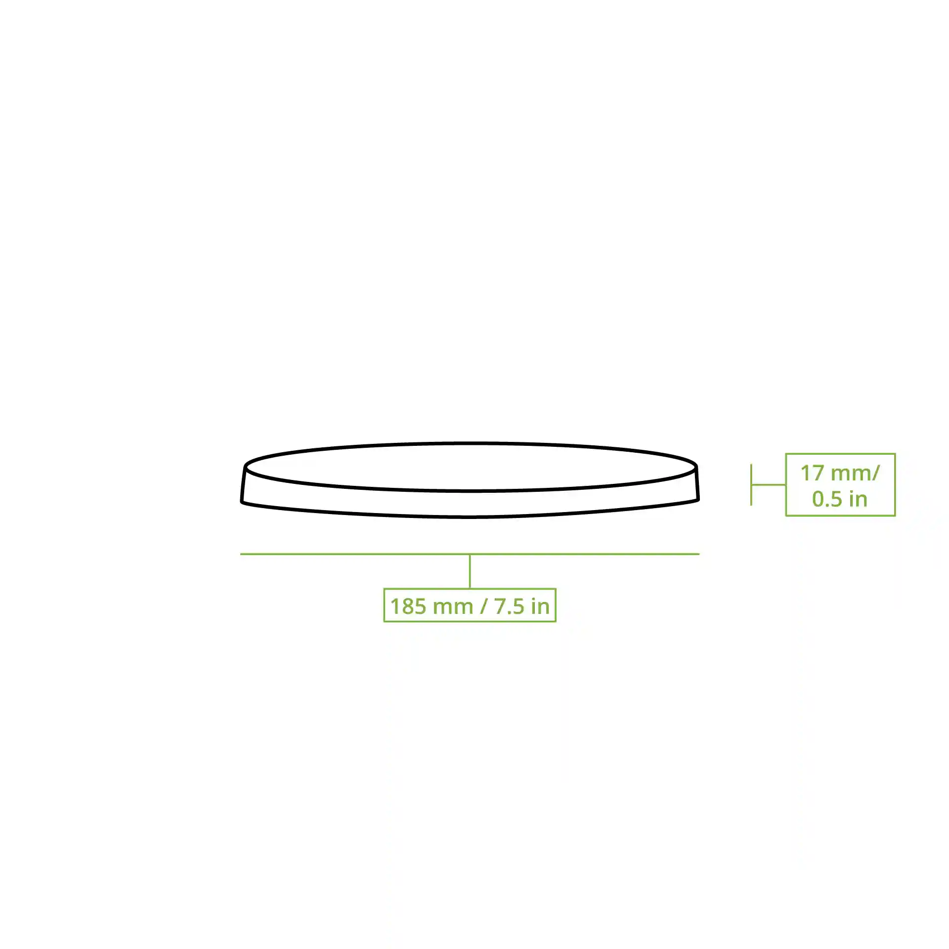 Schematische Zeichnung eines runden weißen Kartondeckels mit den Abmessungen 185 mm Durchmesser und 17 mm Höhe.