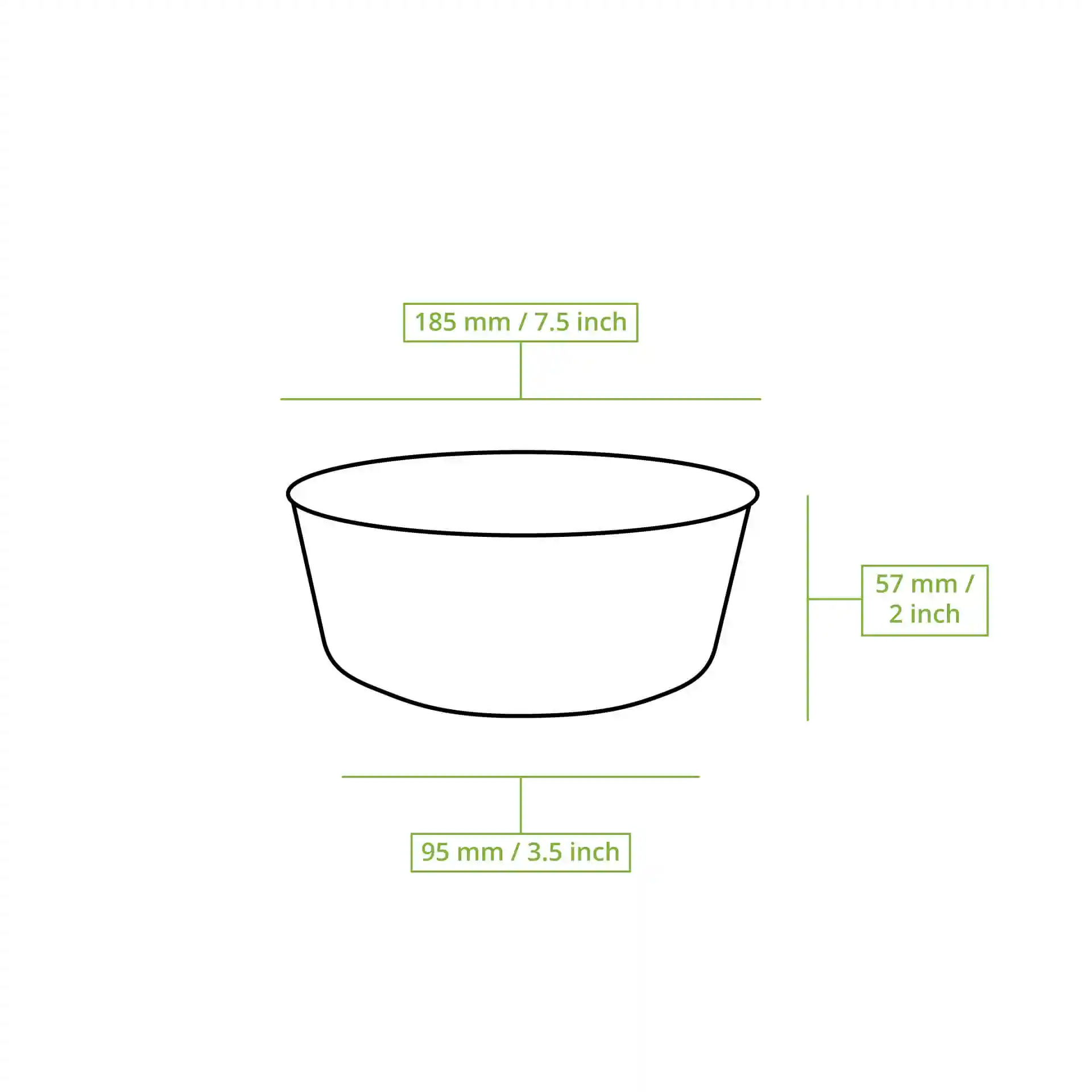 Schematic drawing of a round palm leaf bowl with dimensions: 185 mm diameter, 57 mm height, and 95 mm bottom diameter.