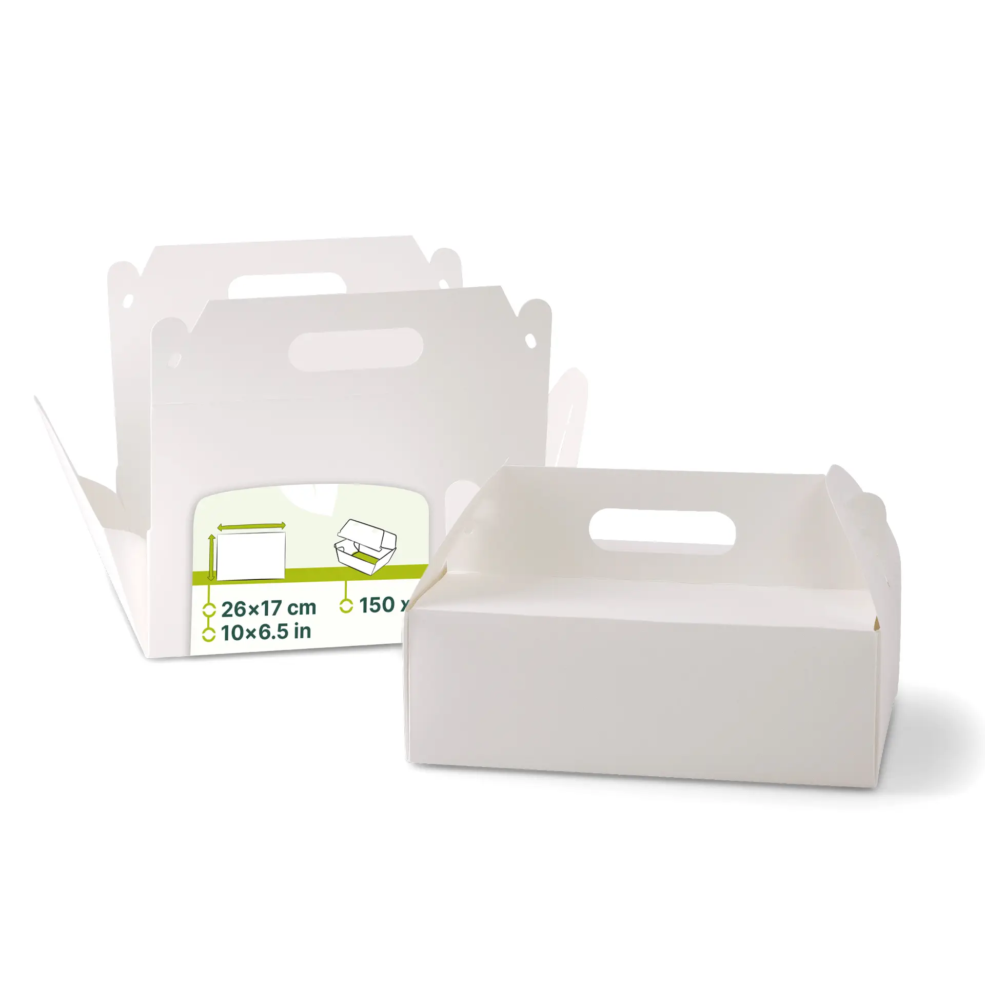 Kuchenbox aus Pappe mit Griff L, 26 x 17 x 9 cm, weiß, faltbar Kuchenbox aus Pappe mit Griff L, 26 x 17 x 9 cm, weiß, faltbar