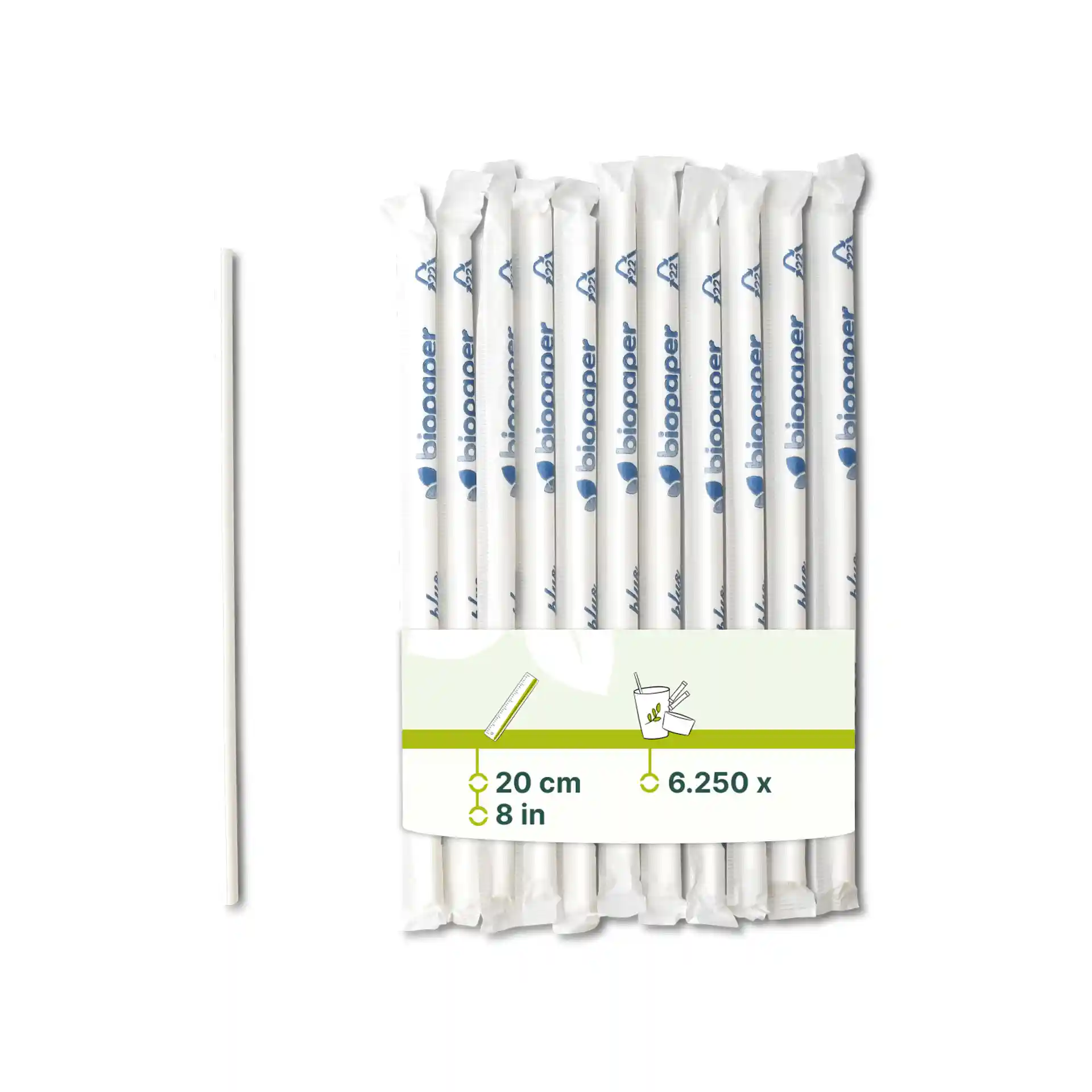 Weiße Papierstrohhalme, 20 cm lang und 0,5 cm im Durchmesser, verpackt mit einem Etikett.