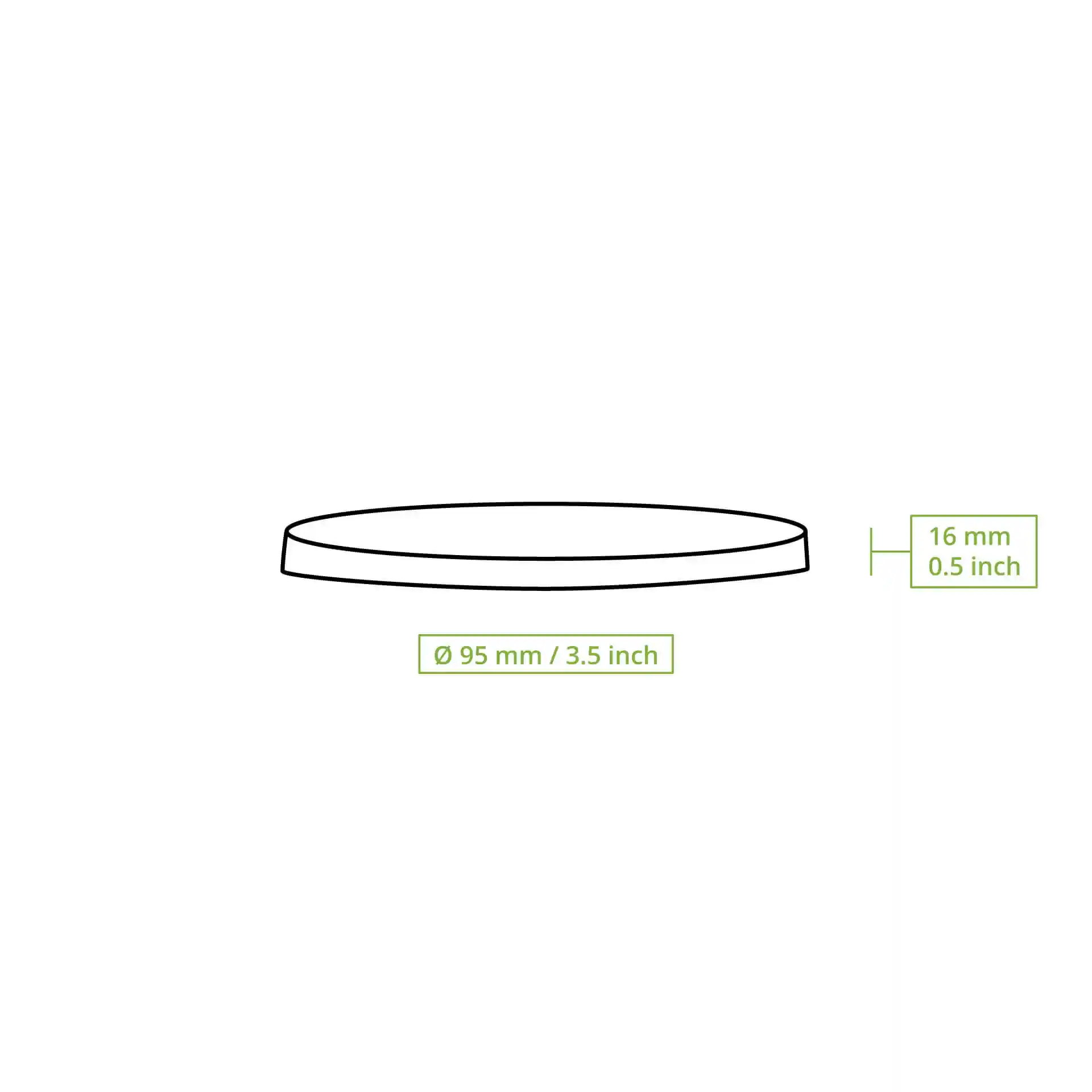 Schematische Zeichnung eines runden Kartondeckels mit einem Durchmesser von 95 mm und einer Höhe von 16 mm.