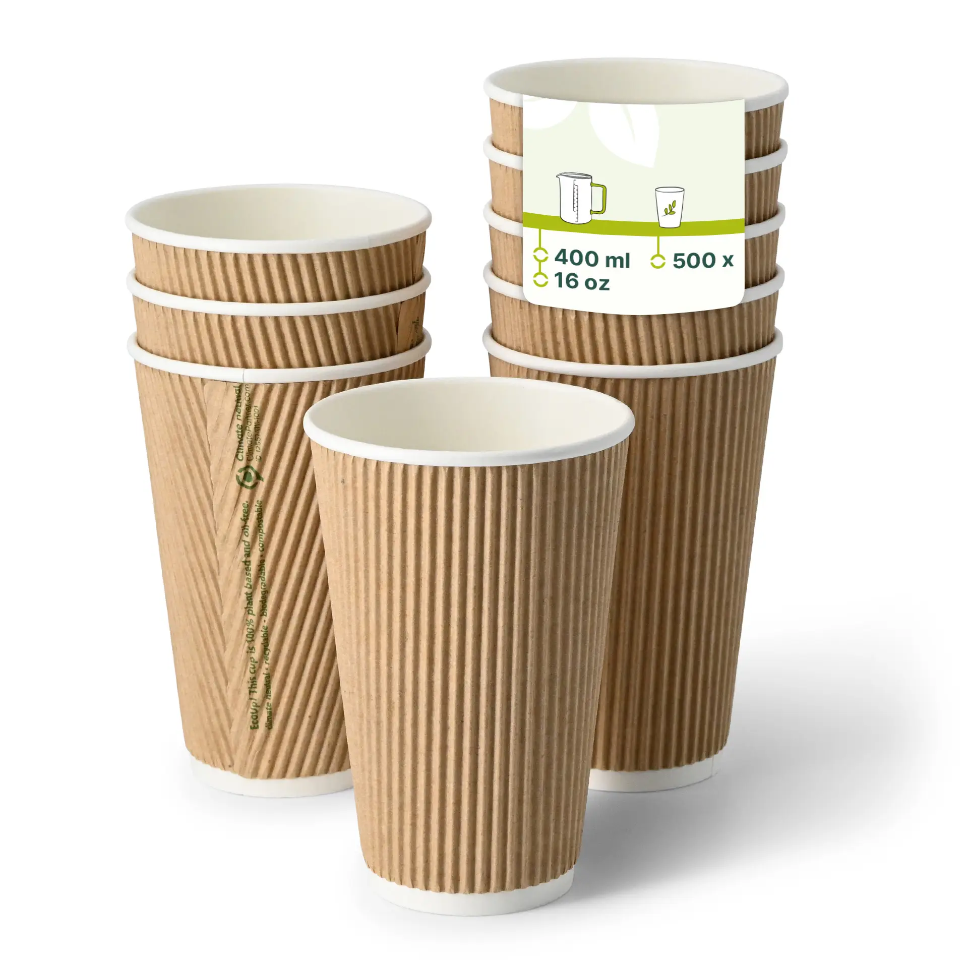 Riffelbecher / Coffee to go Becher 400 ml / 16 oz, Ø 90 mm, braun, innen weiß