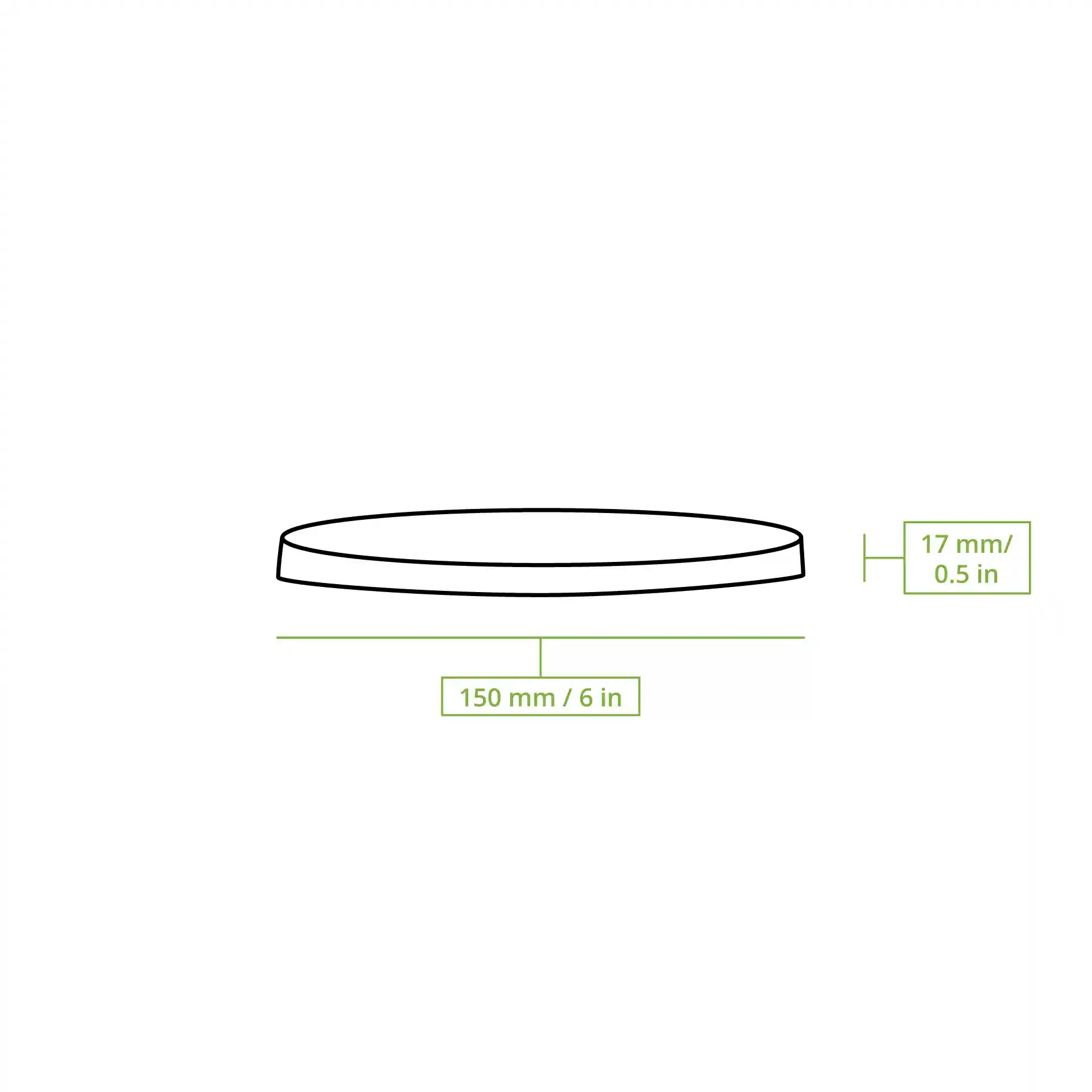 Schematische Zeichnung eines runden Kartonmembrandeckels mit den Maßen 150 mm Durchmesser und 17 mm Höhe.