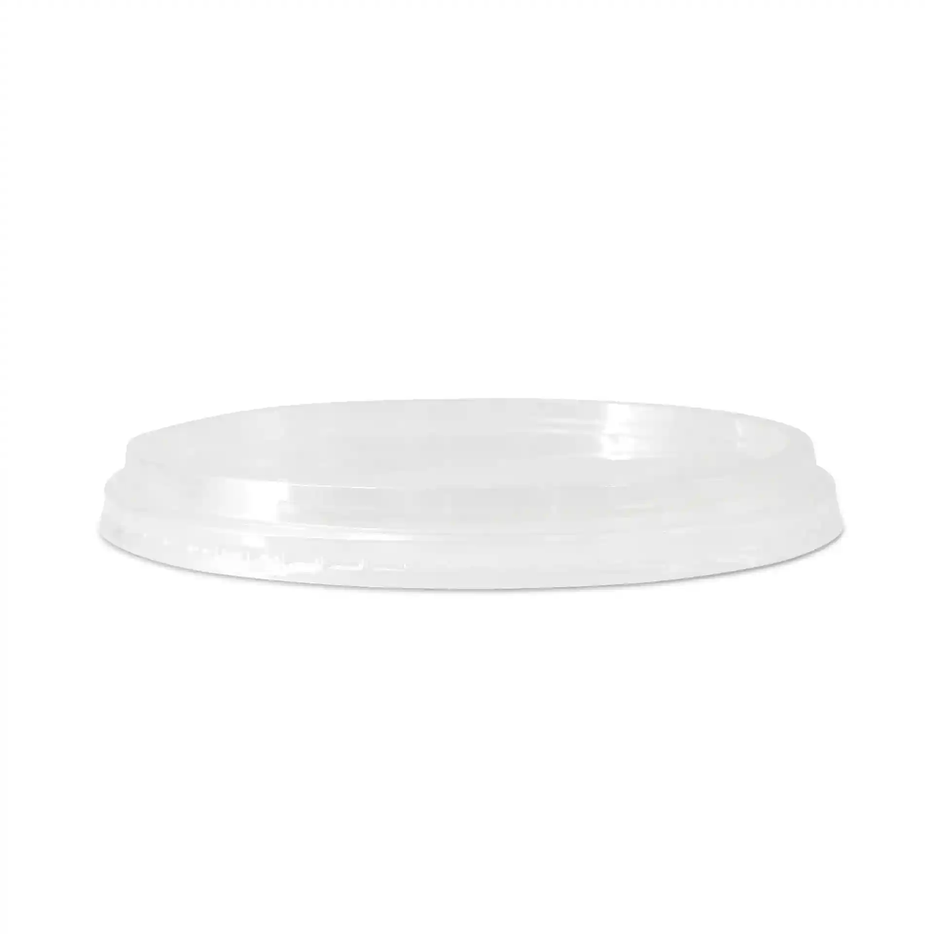 Transparenter runder Deckel für Becher, mit einem Durchmesser von 143 mm und einer Höhe von 16 mm.