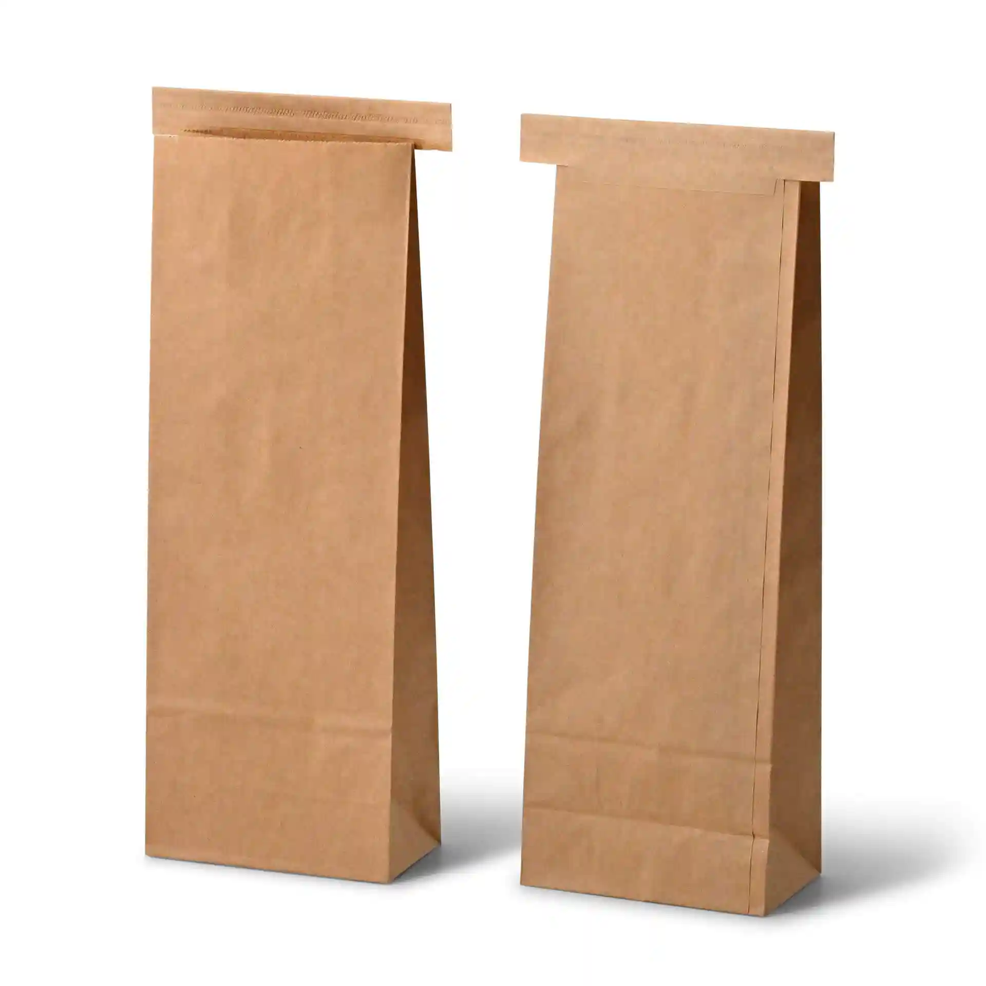 Brown block bottom bags with a tin tie, measuring 10 x 6 x 27.5 cm, made of kraft paper.