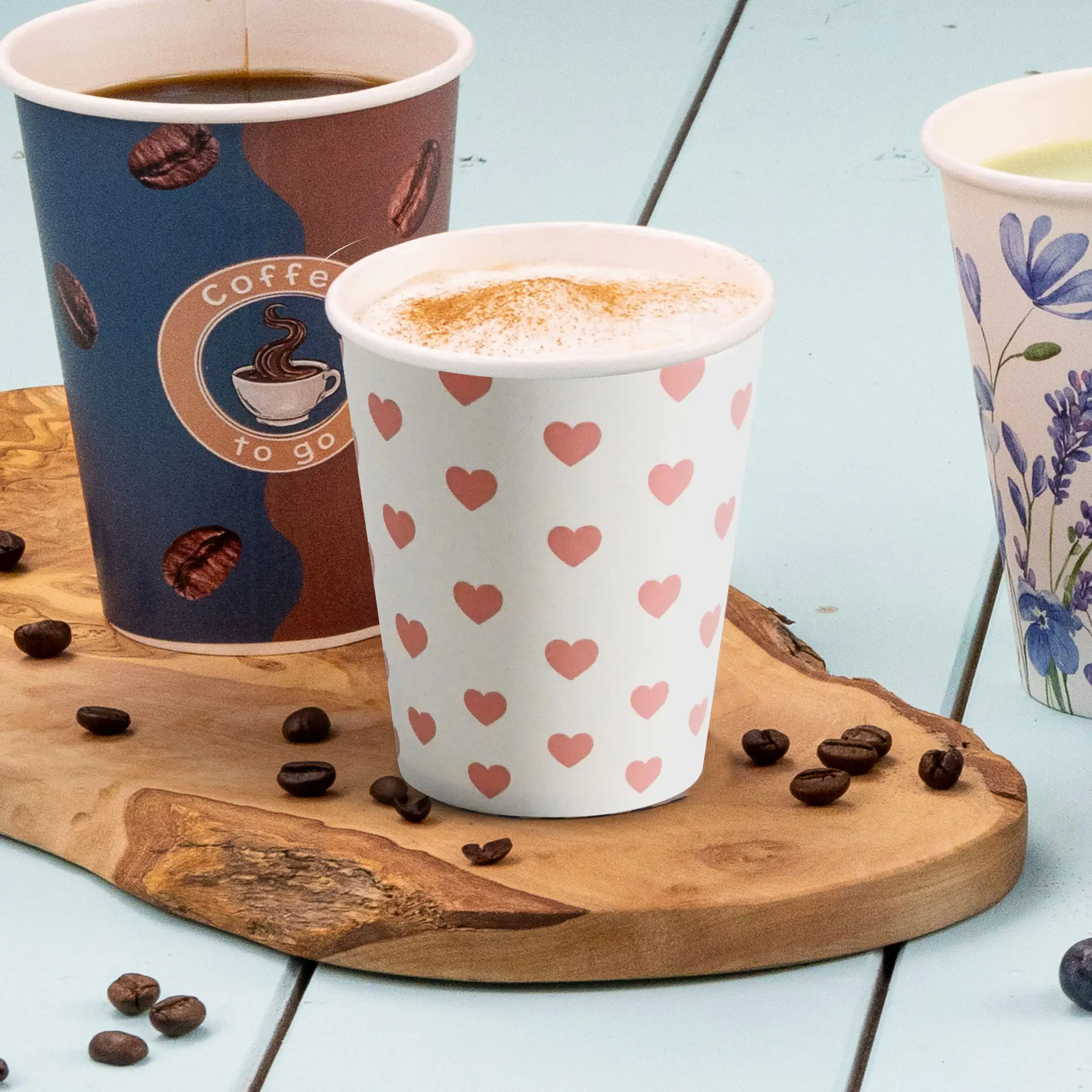 8 oz Paper cup printed with "Hearts" (coated), Ø 80 mm, white
