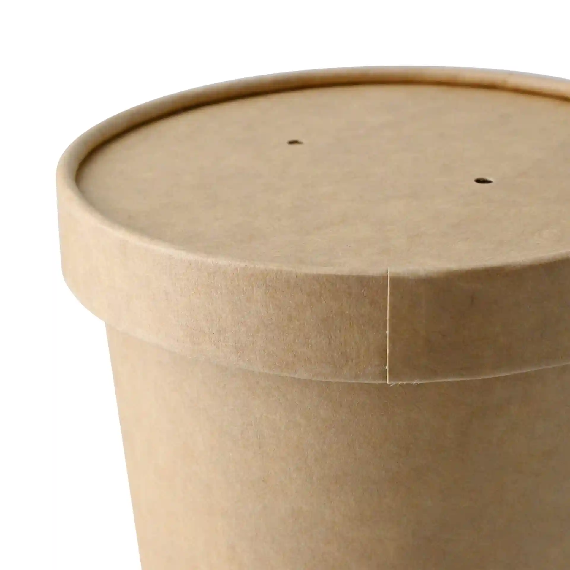 Brauner Kartondeckel mit zwei kleinen Löchern, geeignet für einen runden Behälter mit 100 mm Durchmesser.