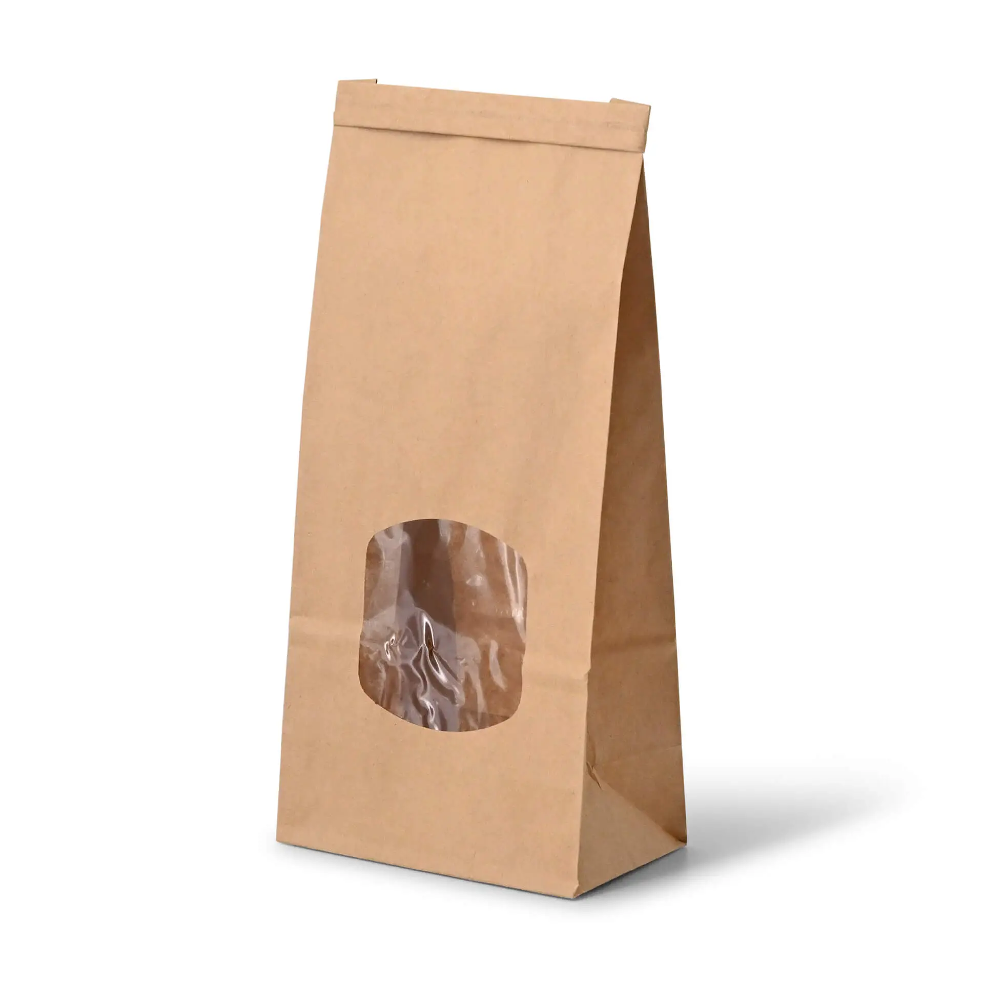Brown block bottom paper bag with a transparent window, measuring 11.5 x 7 x 24.5 cm, suitable for aromatic goods.