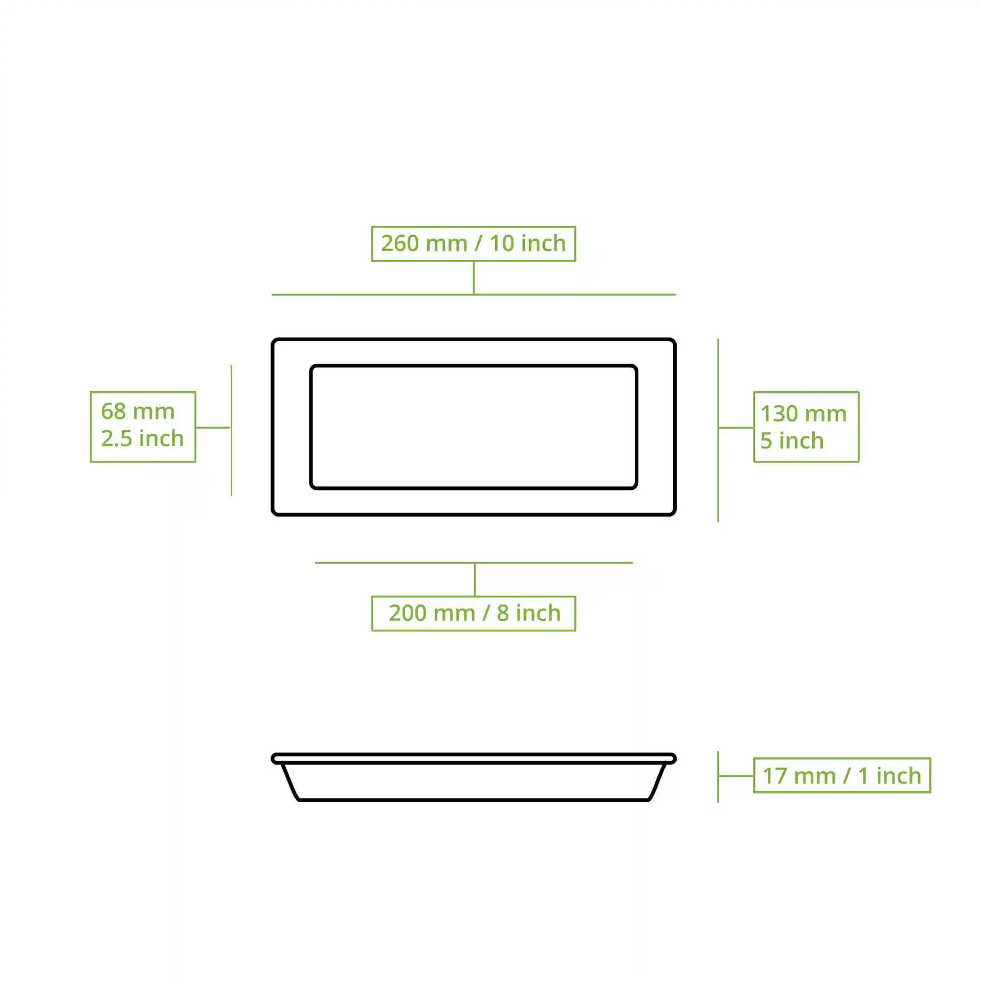 Schematische Zeichnung einer rechteckigen Zuckerrübenplatte mit Maßen: 260 mm Länge, 130 mm Breite, 15 mm Höhe.