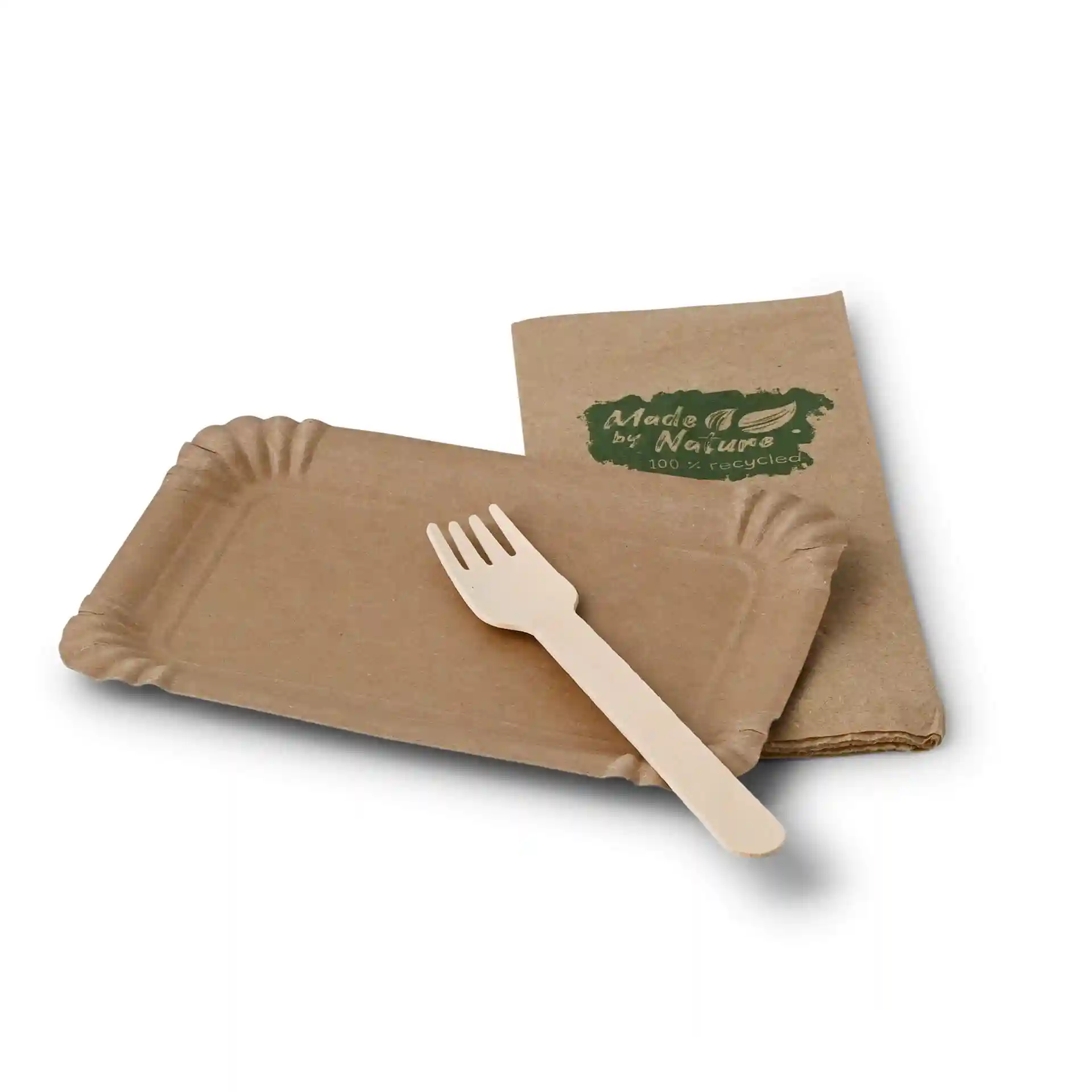 Brown rectangular cardboard plate with a small wooden fork and a folded napkin beside it.