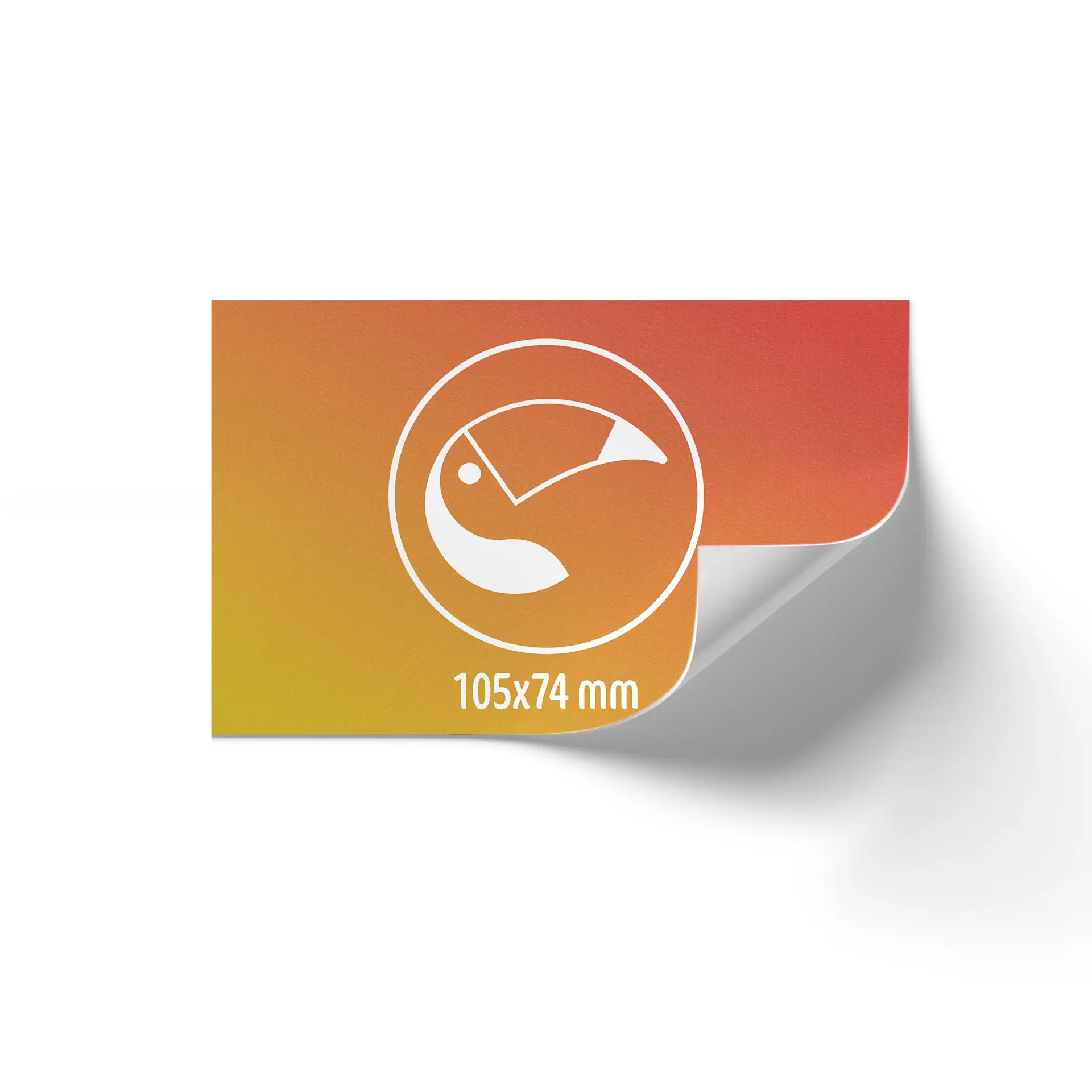 Rectangular printed label roll, 105x74 mm, features an orange gradient design and a symbol of a bird.