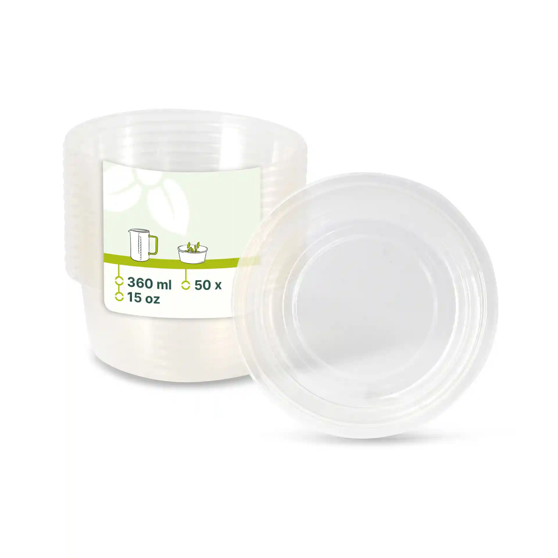 Transparenter runder Deli-Behälter mit einem Fassungsvermögen von 360 ml und einem Durchmesser von 121 mm, neben einem anderen Behälter.