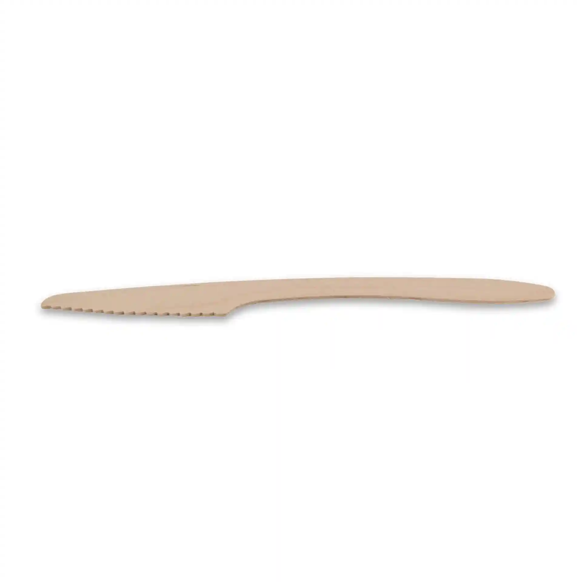 Wooden knife, 18 cm long, with a serrated edge, shown on a plain background.