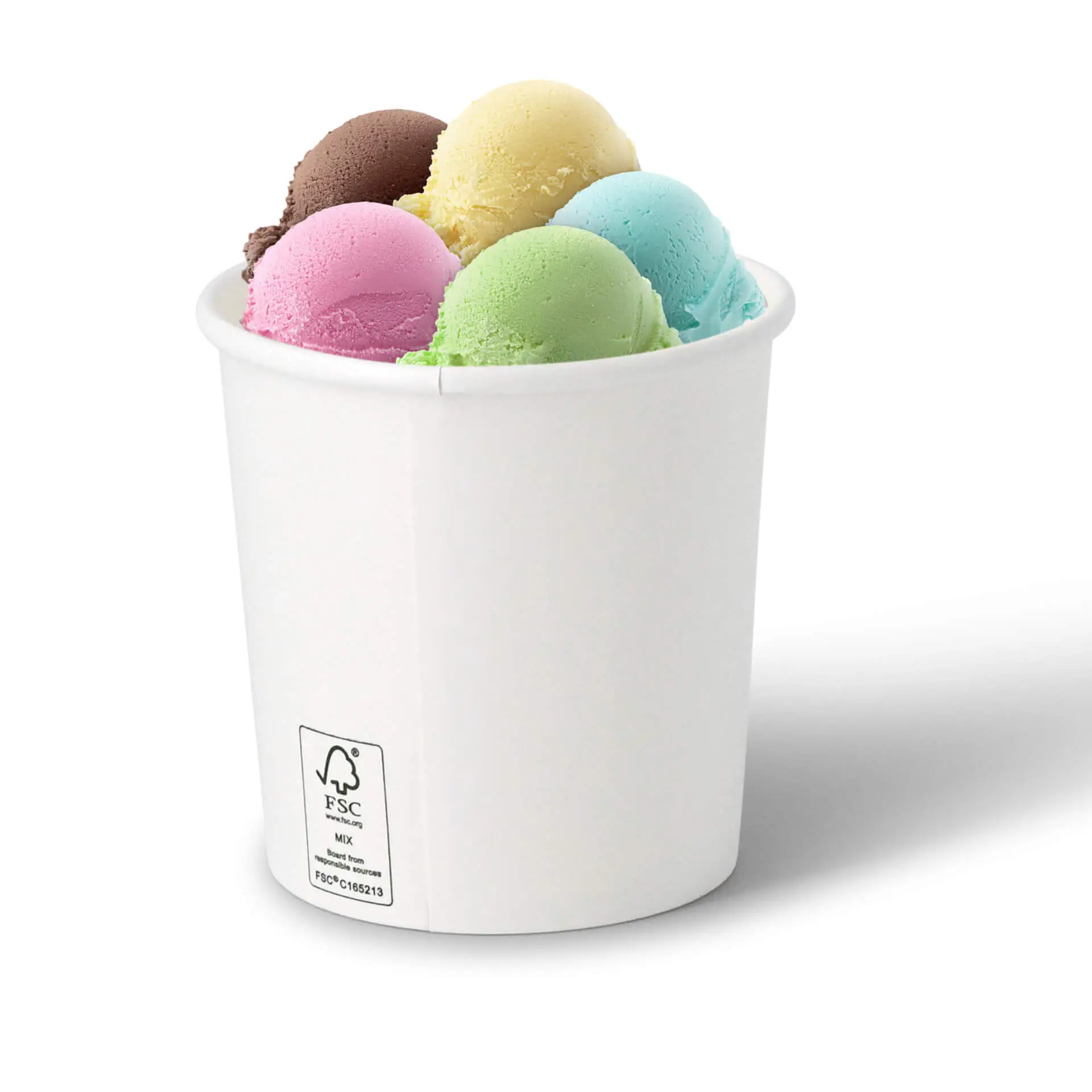 A white paper ice cream cup filled with various ice cream scoops in chocolate, strawberry, mint, and more.