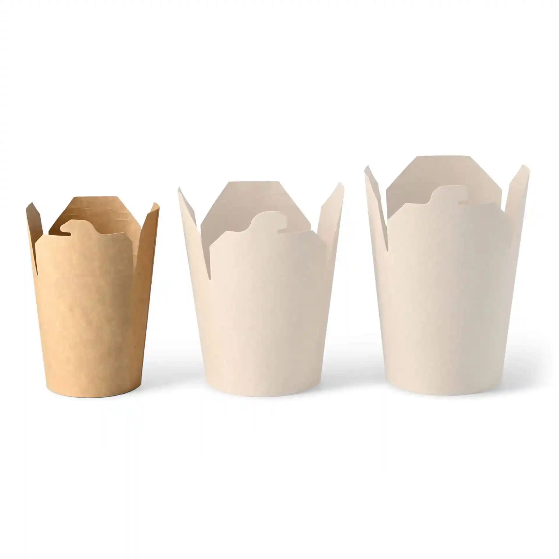 Image of three round noodle boxes in brown cardboard, varying in size, with open tops and no viewing windows.