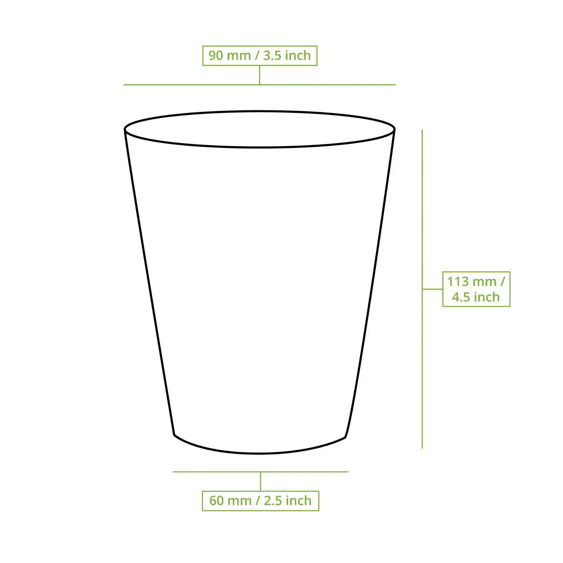 Schematic drawing of a round cup with dimensions: 90 mm top diameter, 113 mm height, and 60 mm bottom diameter.