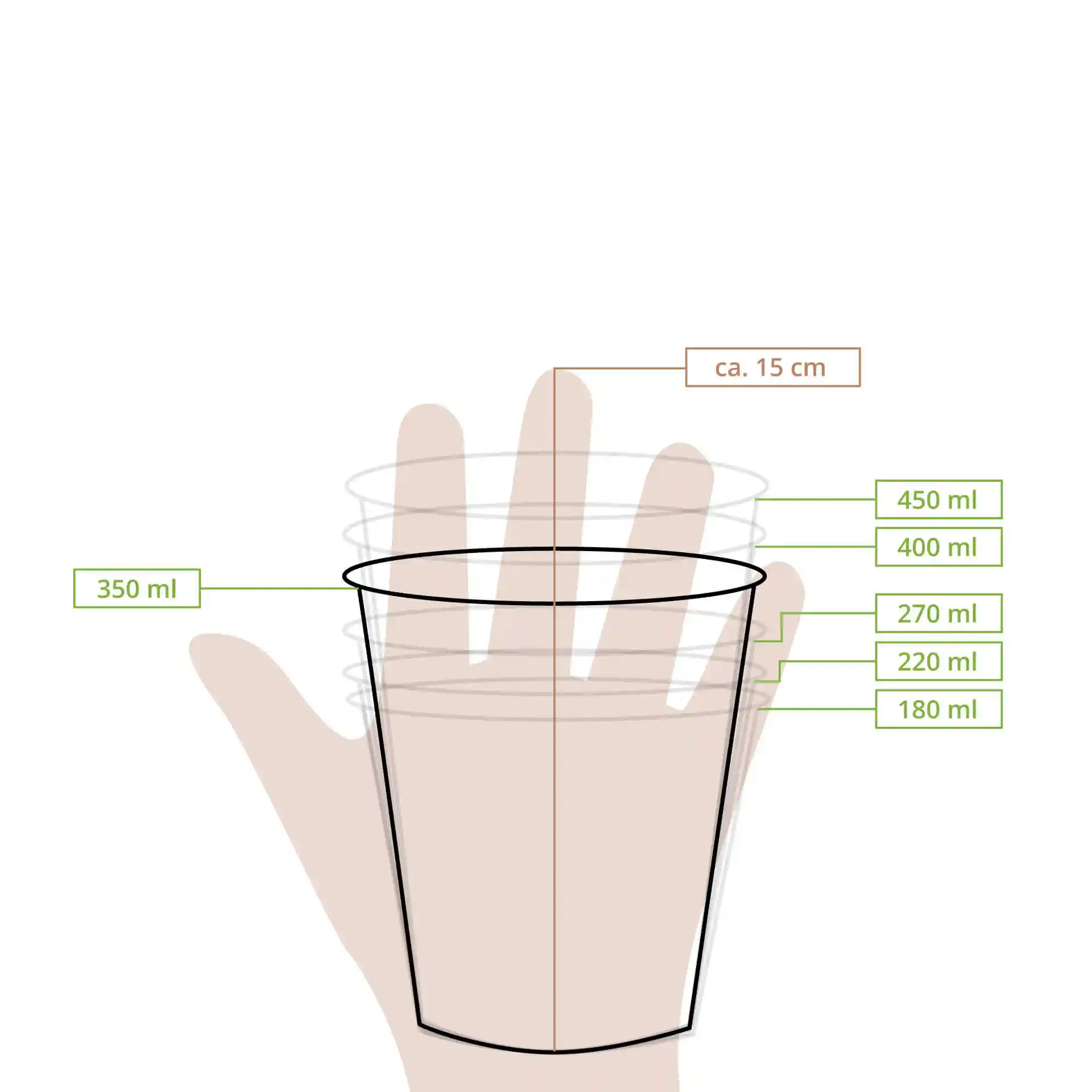 Schematic drawing of a paper ice cream tub with dimension lines and volume markings for various capacities.