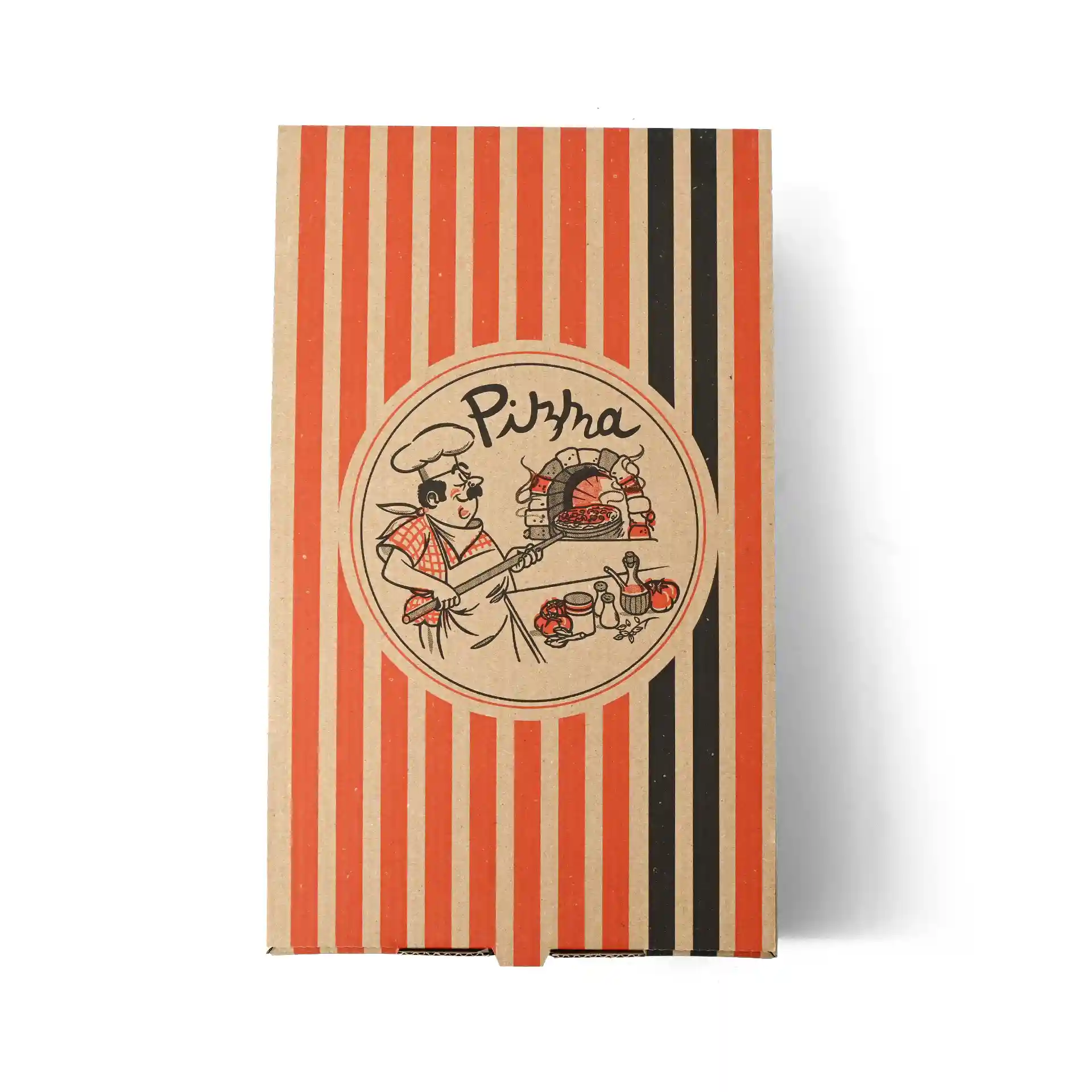 Braune Pizzaschachtel mit einem Pizzakoch-Design, roten und schwarzen Streifen, 27 x 16 x 7 cm groß.