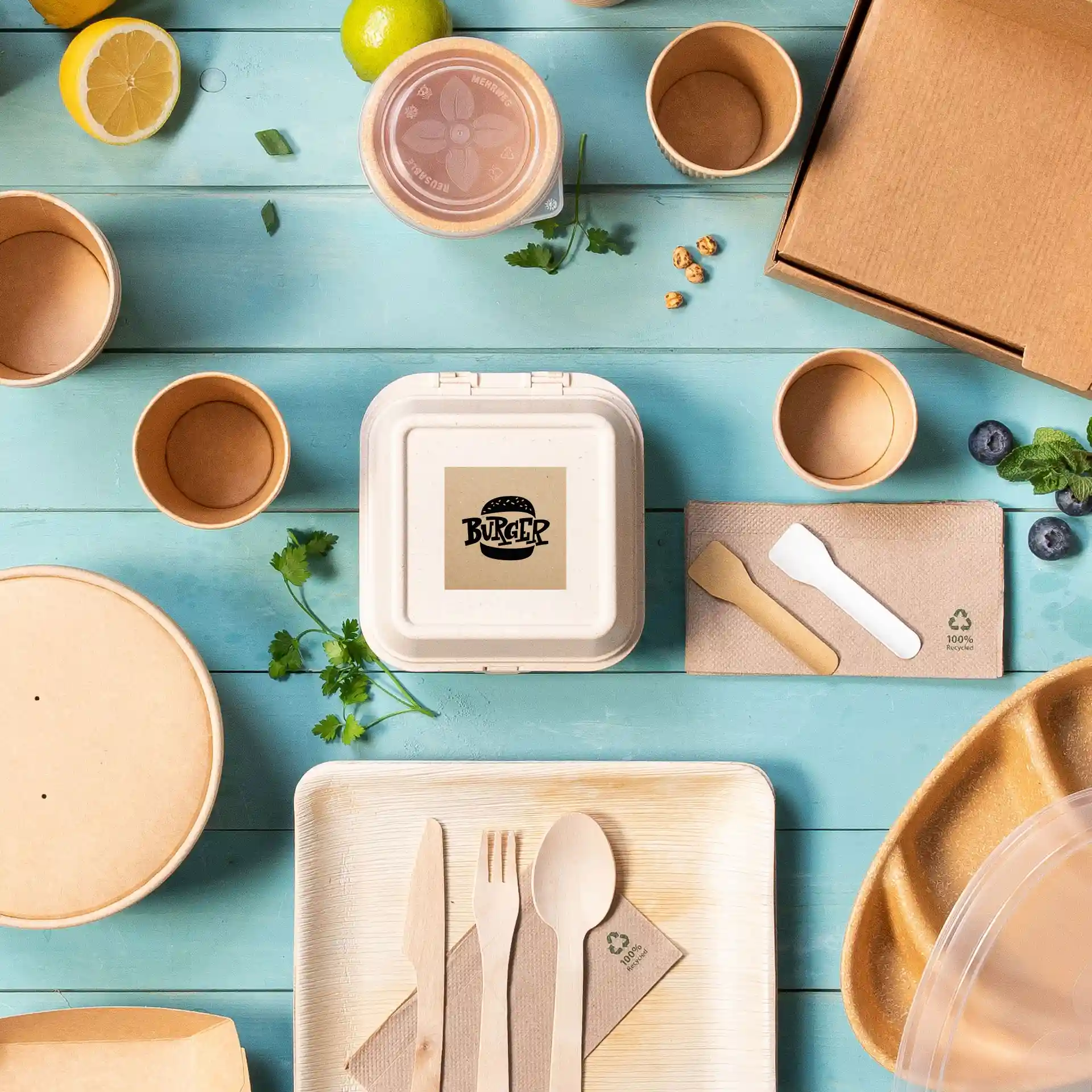 Image of various disposable food containers, utensils, and a square kraft paper box with a printed burger label on a blue surface.