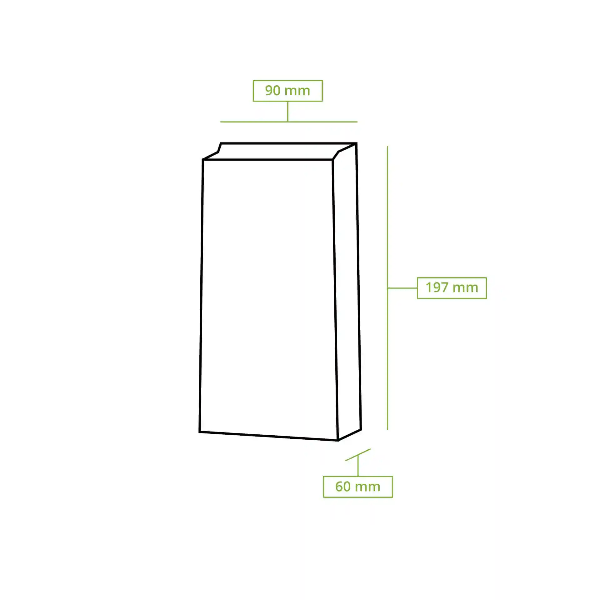 Schematische Zeichnung einer Blockbodenbeutels mit den Abmessungen 90 mm Breite, 60 mm Tiefe und 197 mm Höhe.