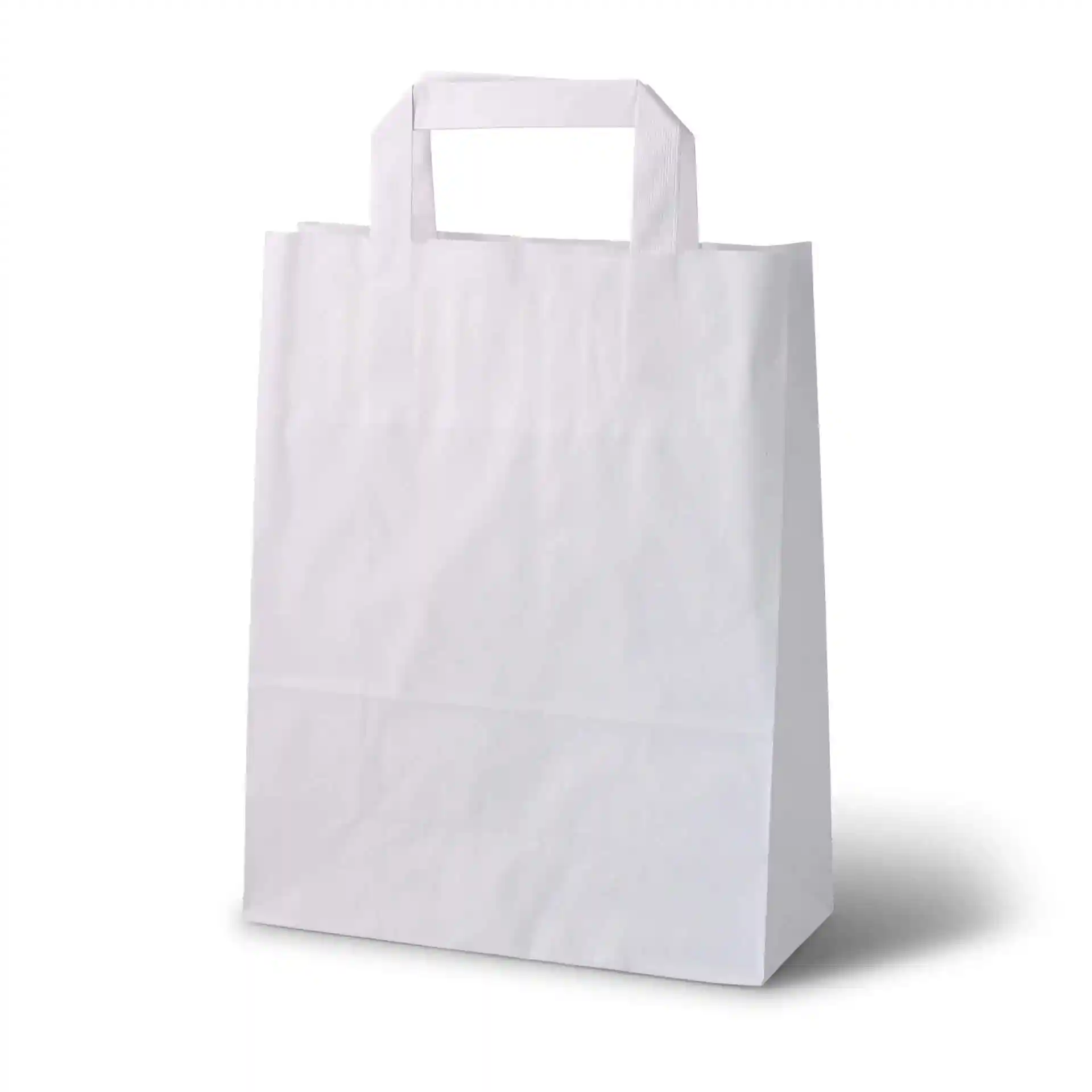 White kraft paper carrier bag with a height of 280 mm, length of 220 mm, and width of 100 mm.
