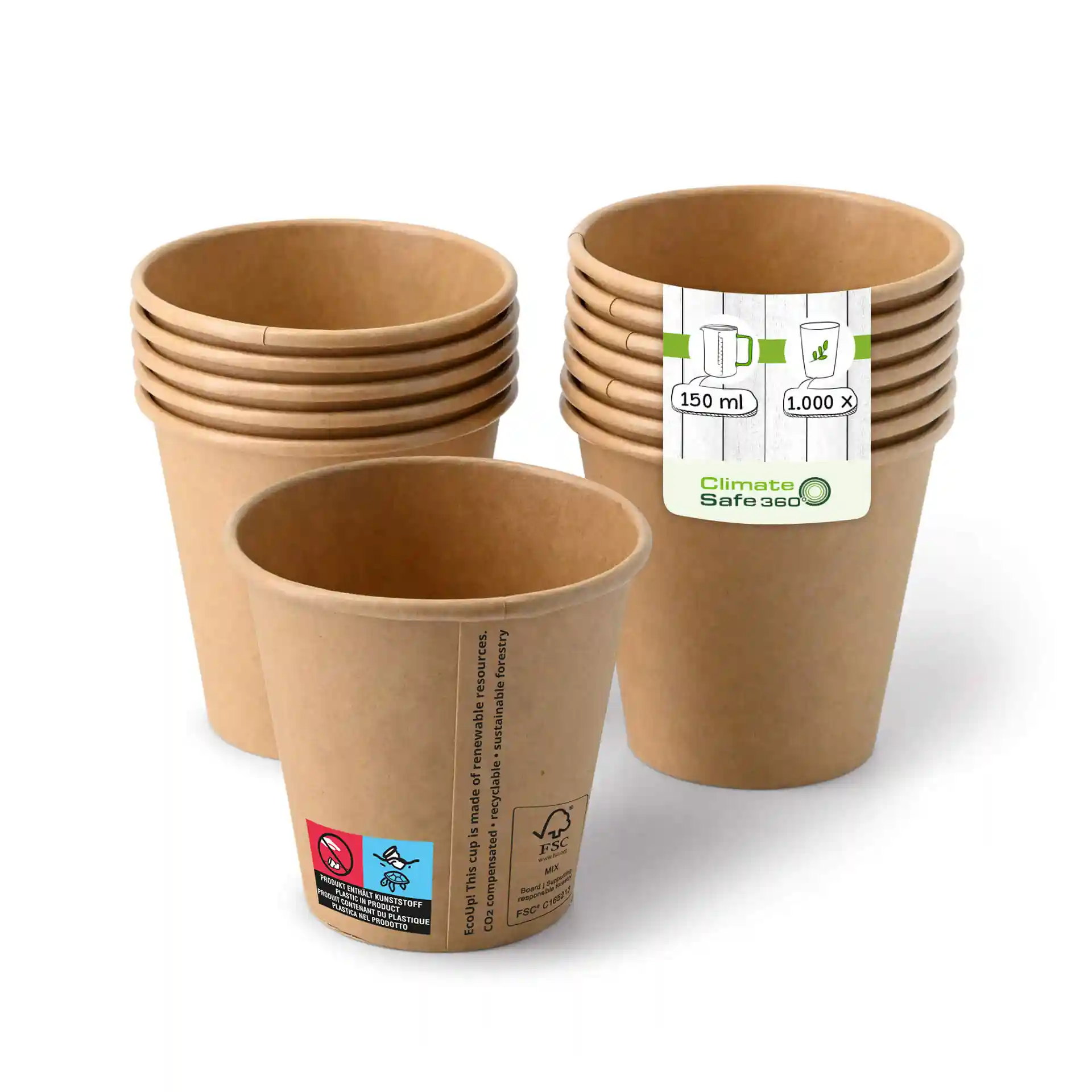 Braune Becher gestapelt, einer vorne mit Etikett und Beschichtung. Jeder Becher hat ein Fassungsvermögen von 150 ml.